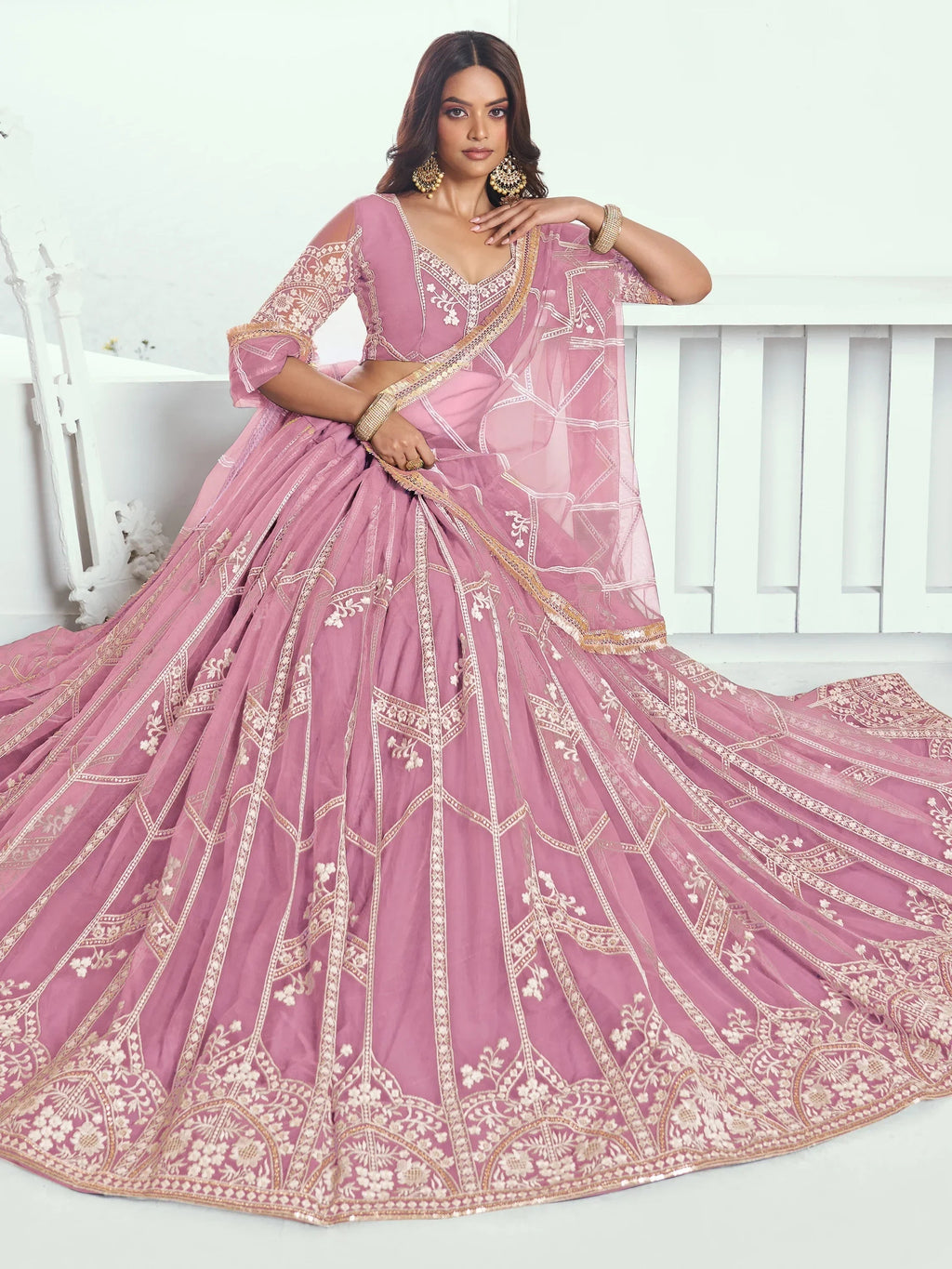 Glamorous Pink Thread Embroidered Work Net Wedding Lehenga Choli