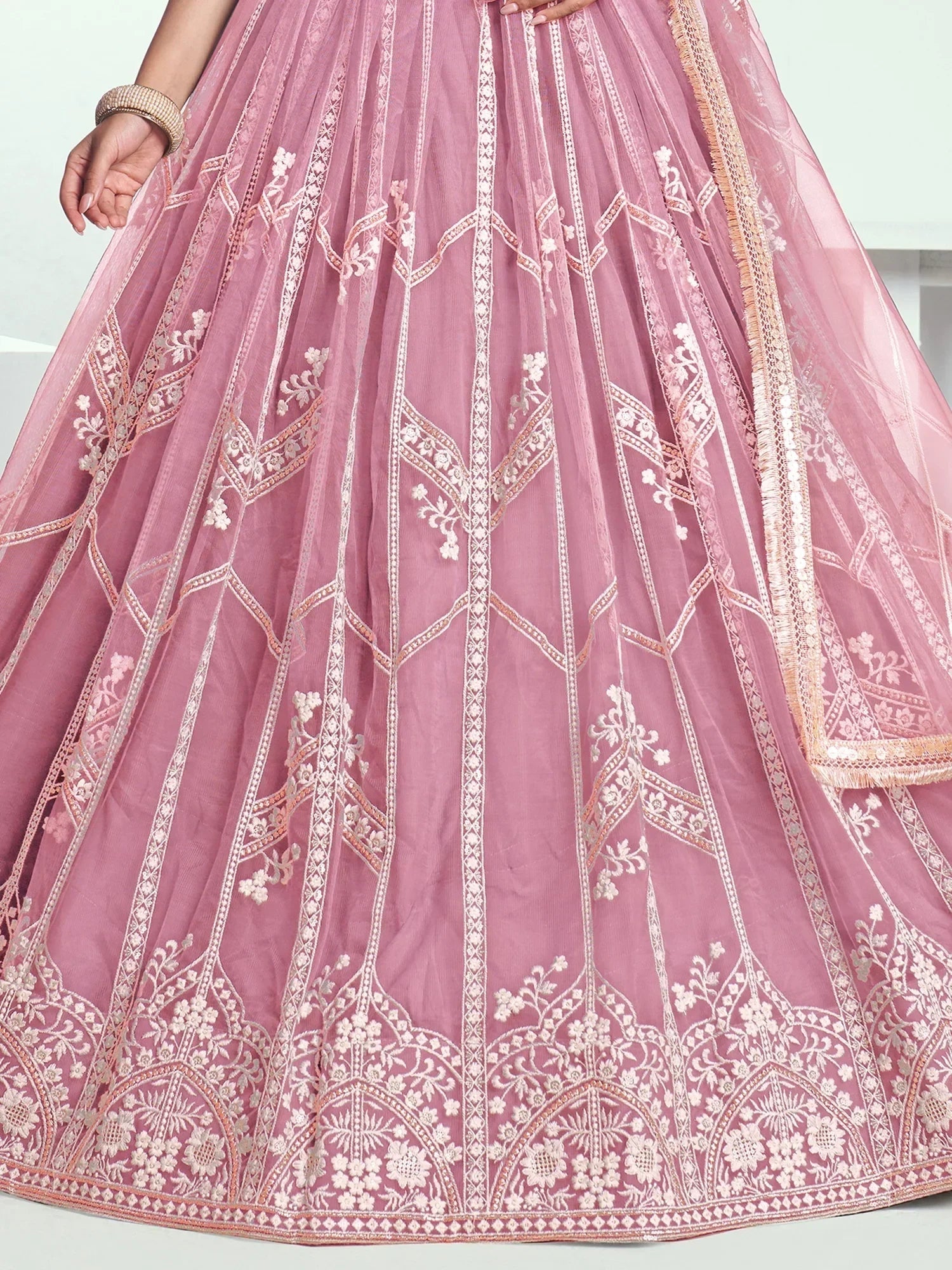 Glamorous Pink Thread Embroidered Work Net Wedding Lehenga Choli