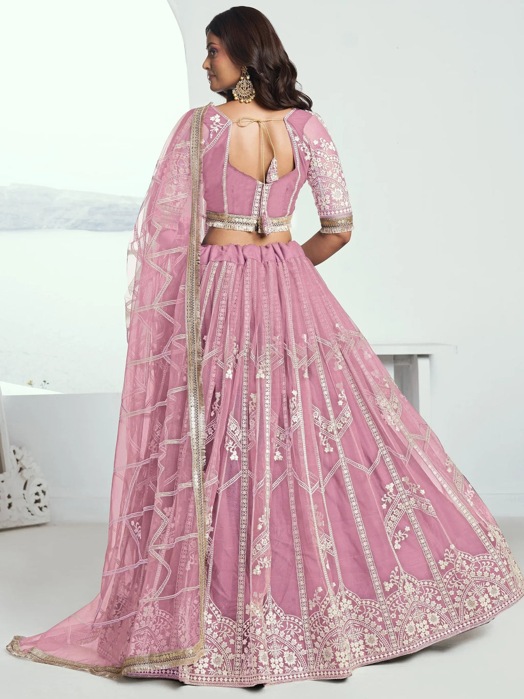 Glamorous Pink Thread Embroidered Work Net Wedding Lehenga Choli