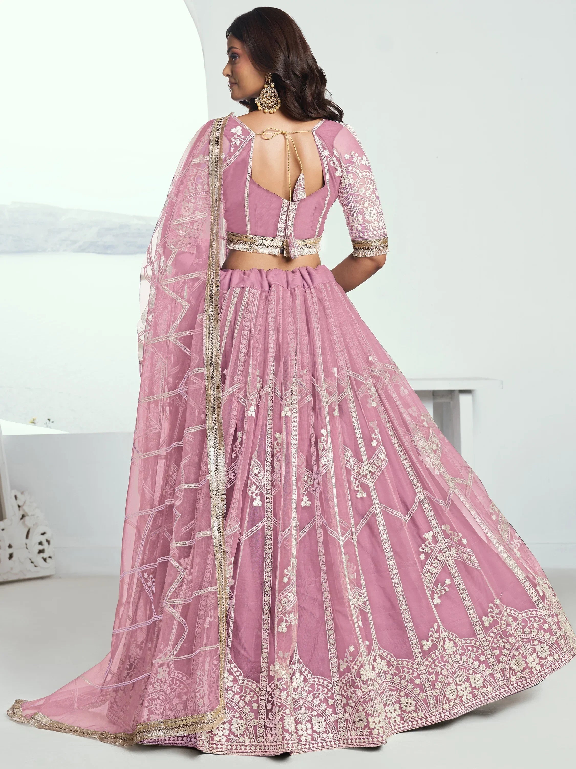 Glamorous Pink Thread Embroidered Work Net Wedding Lehenga Choli