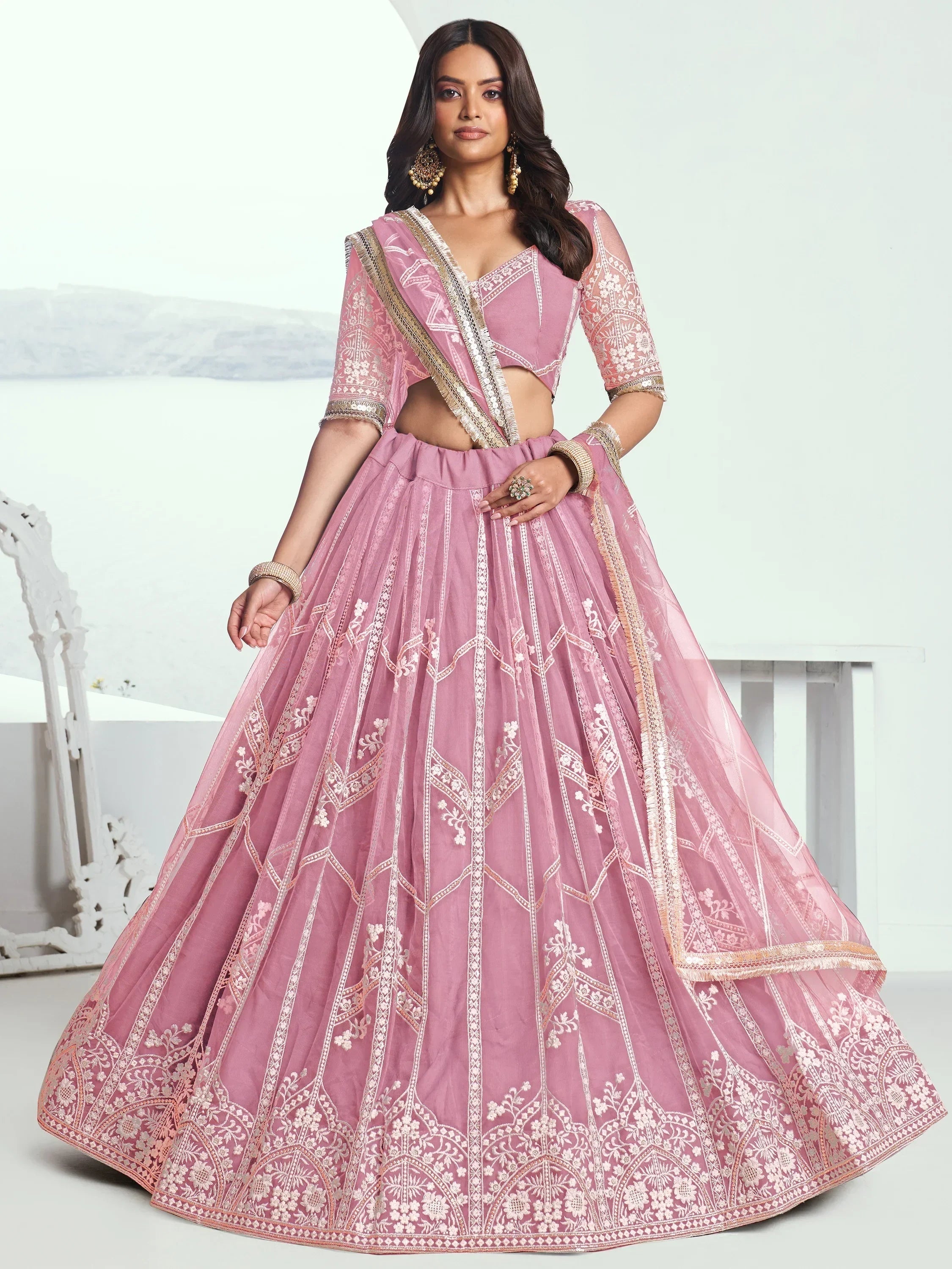 Glamorous Pink Thread Embroidered Work Net Wedding Lehenga Choli