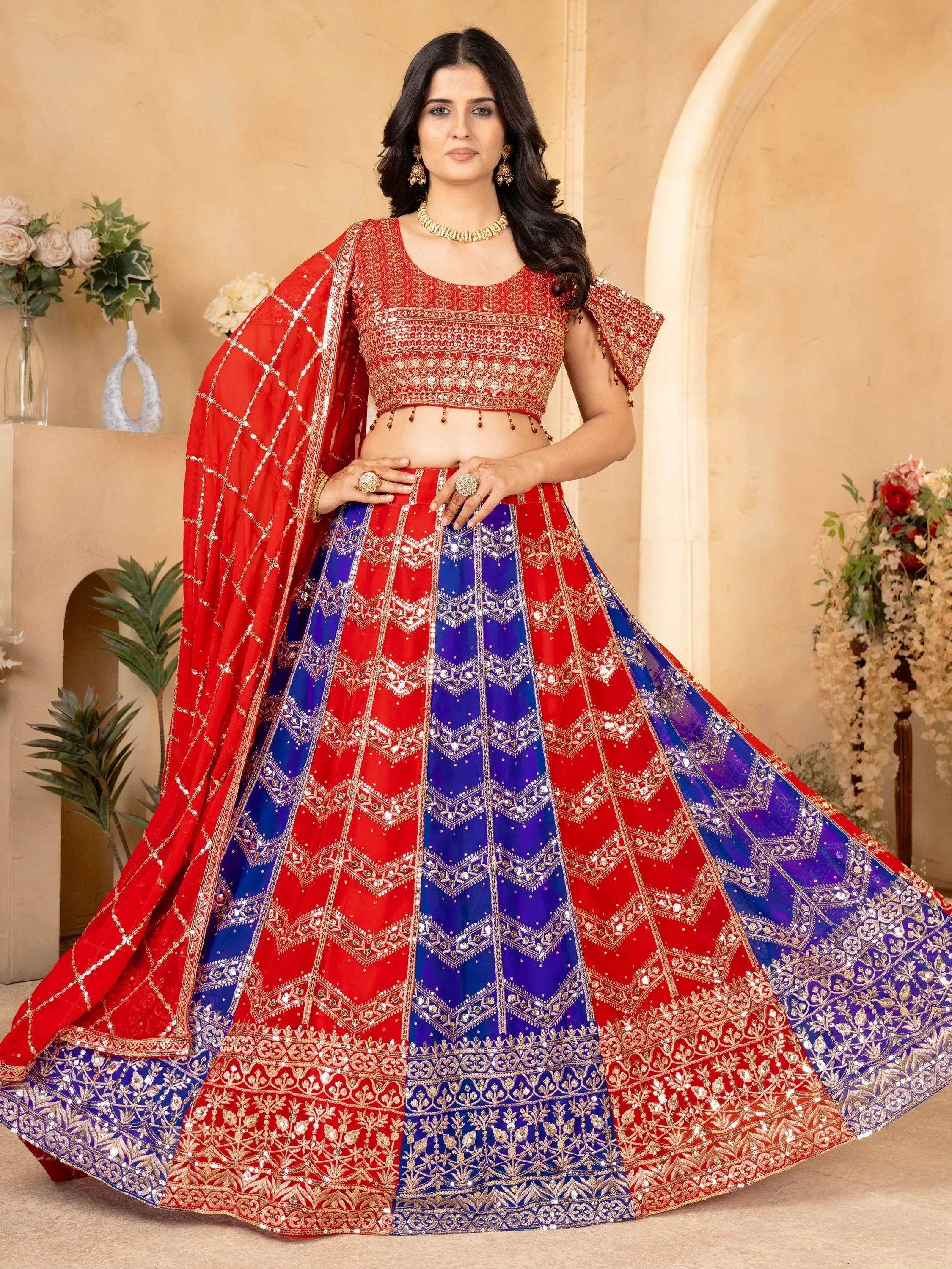 Glamorous Red & Blue Sequins Georgette Wedding Lehenga Choli