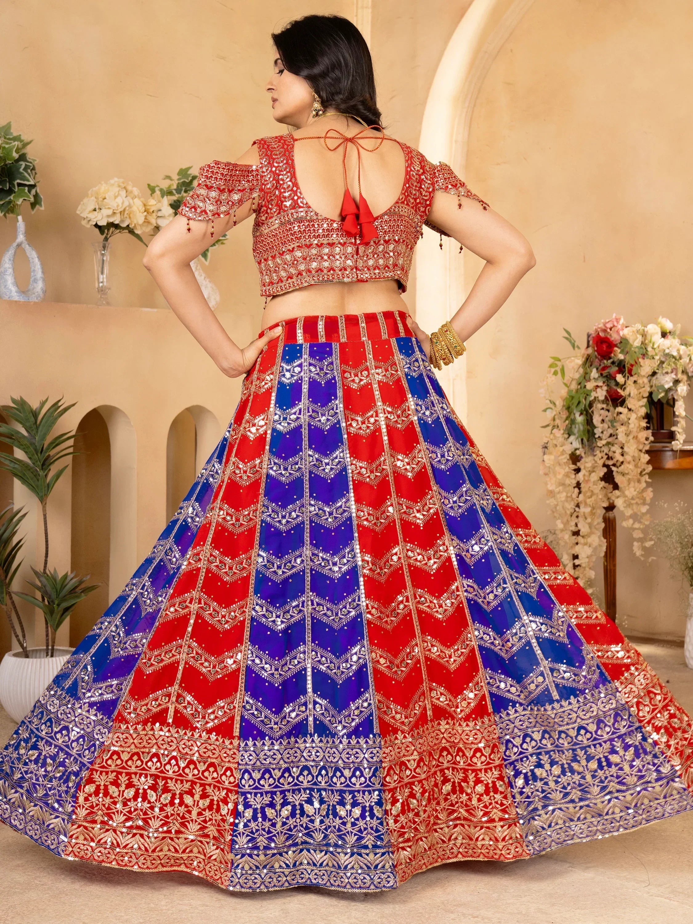 Glamorous Red & Blue Sequins Georgette Wedding Lehenga Choli