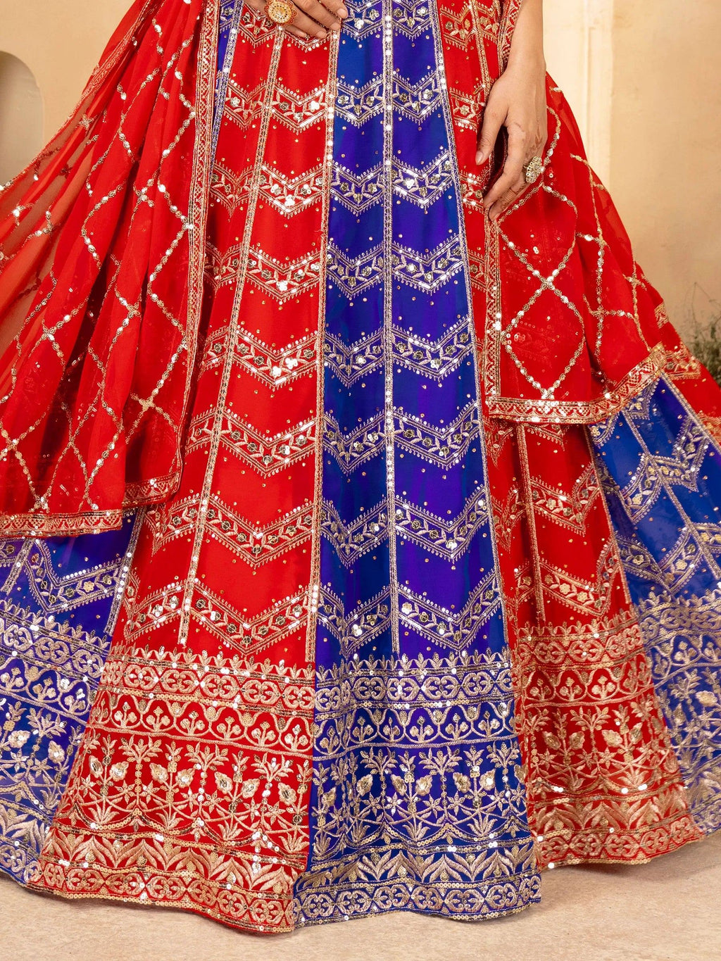 Glamorous Red & Blue Sequins Georgette Wedding Lehenga Choli