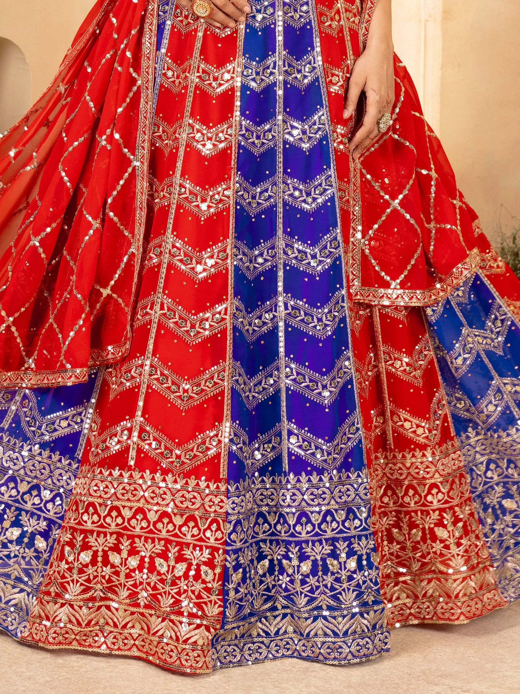 Glamorous Red & Blue Sequins Georgette Wedding Lehenga Choli