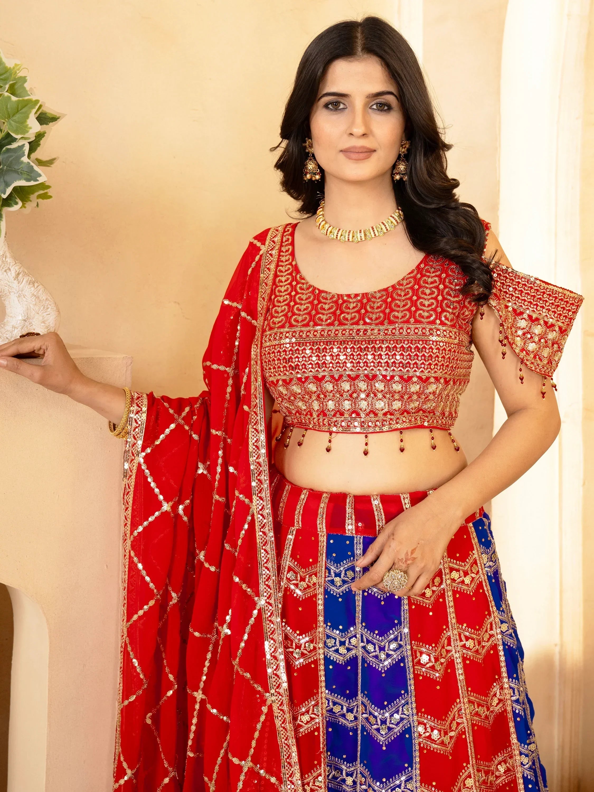 Glamorous Red & Blue Sequins Georgette Wedding Lehenga Choli