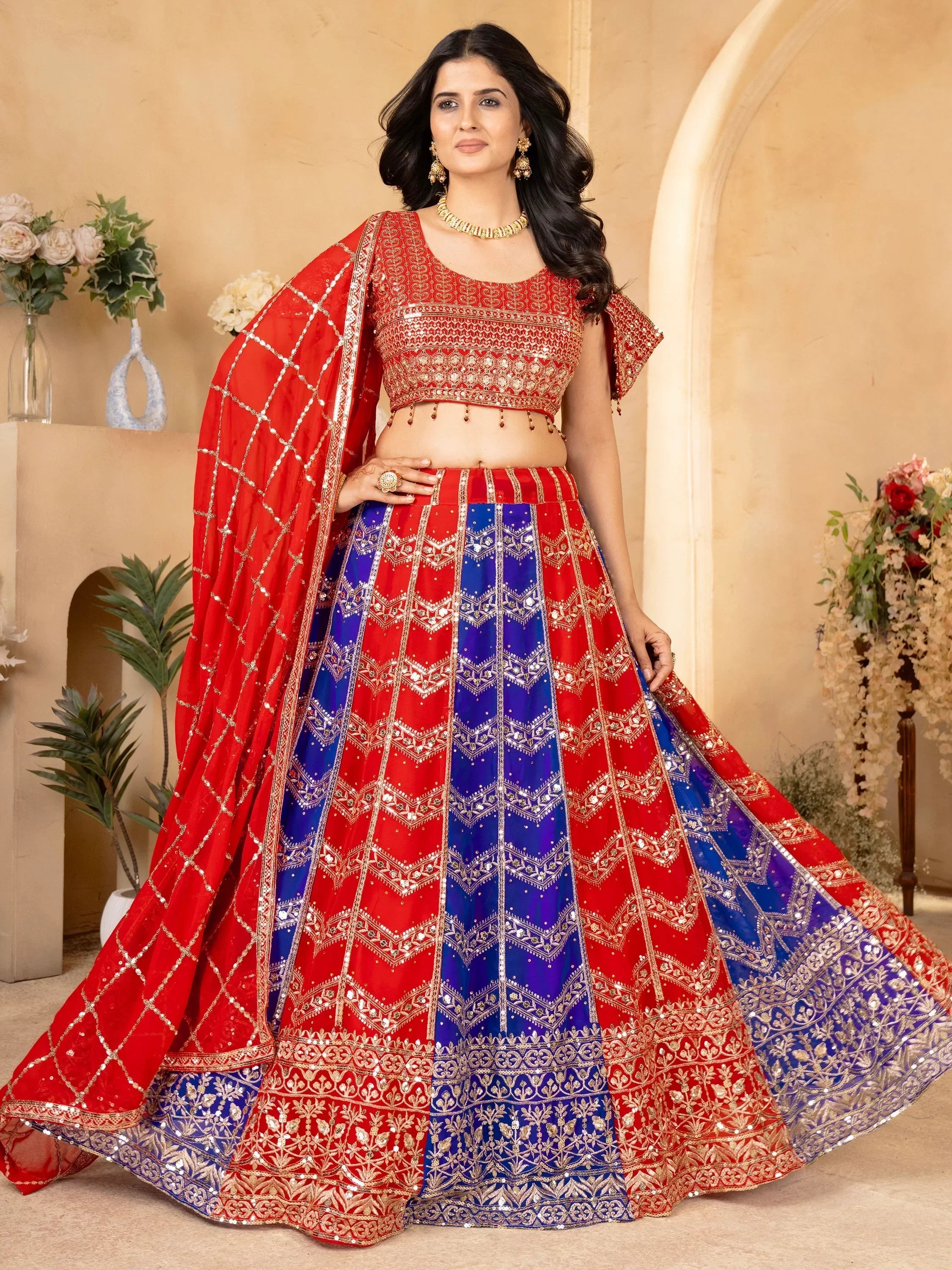 Glamorous Red & Blue Sequins Georgette Wedding Lehenga Choli