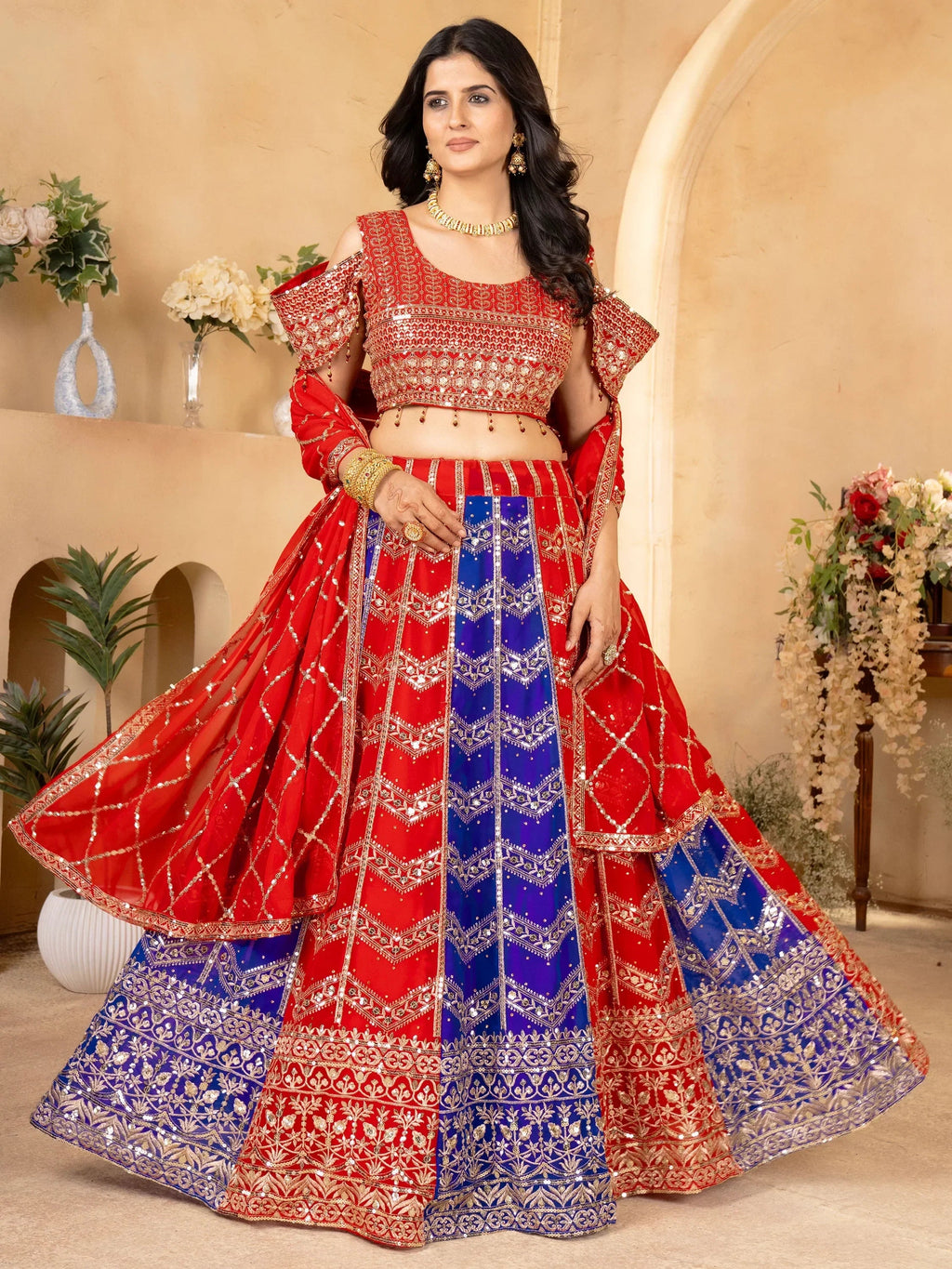 Glamorous Red & Blue Sequins Georgette Wedding Lehenga Choli