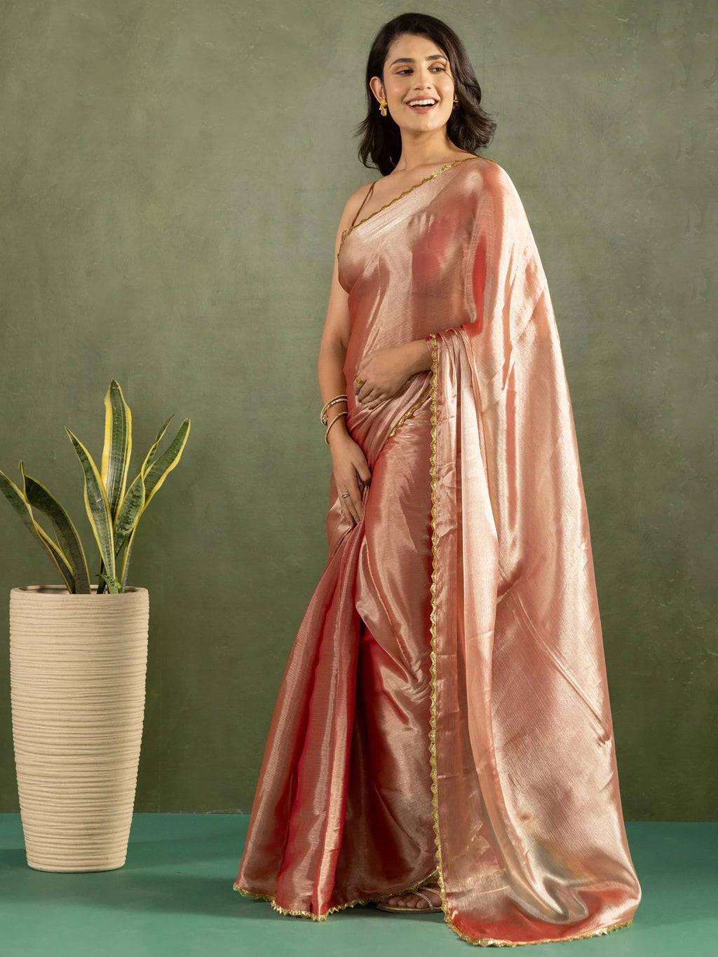 Rose Gold Majestic Bordered Chiffon One Minute Saree With Blouse
