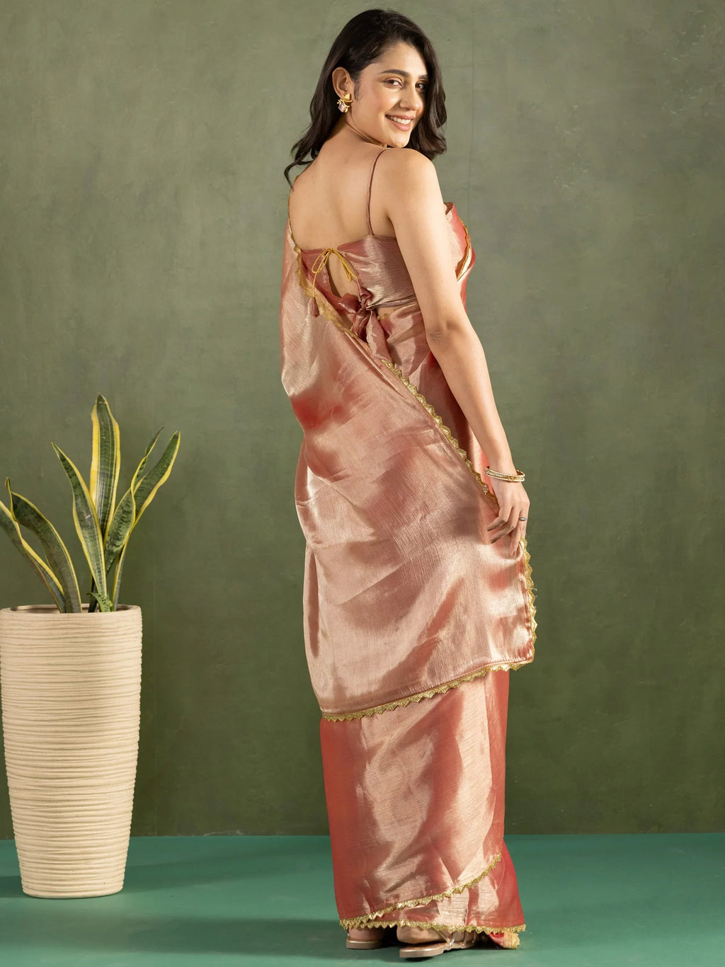 Rose Gold Majestic Bordered Chiffon One Minute Saree With Blouse