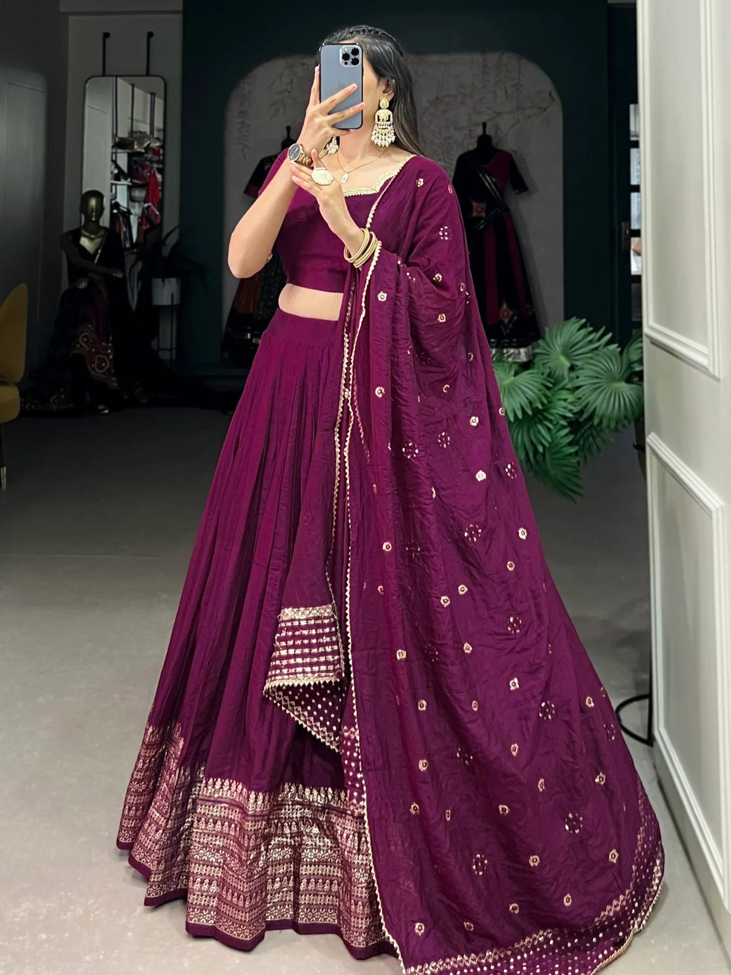 Glamorous Wine Zari Weaving Border Chanderi Silk Lehenga Choli