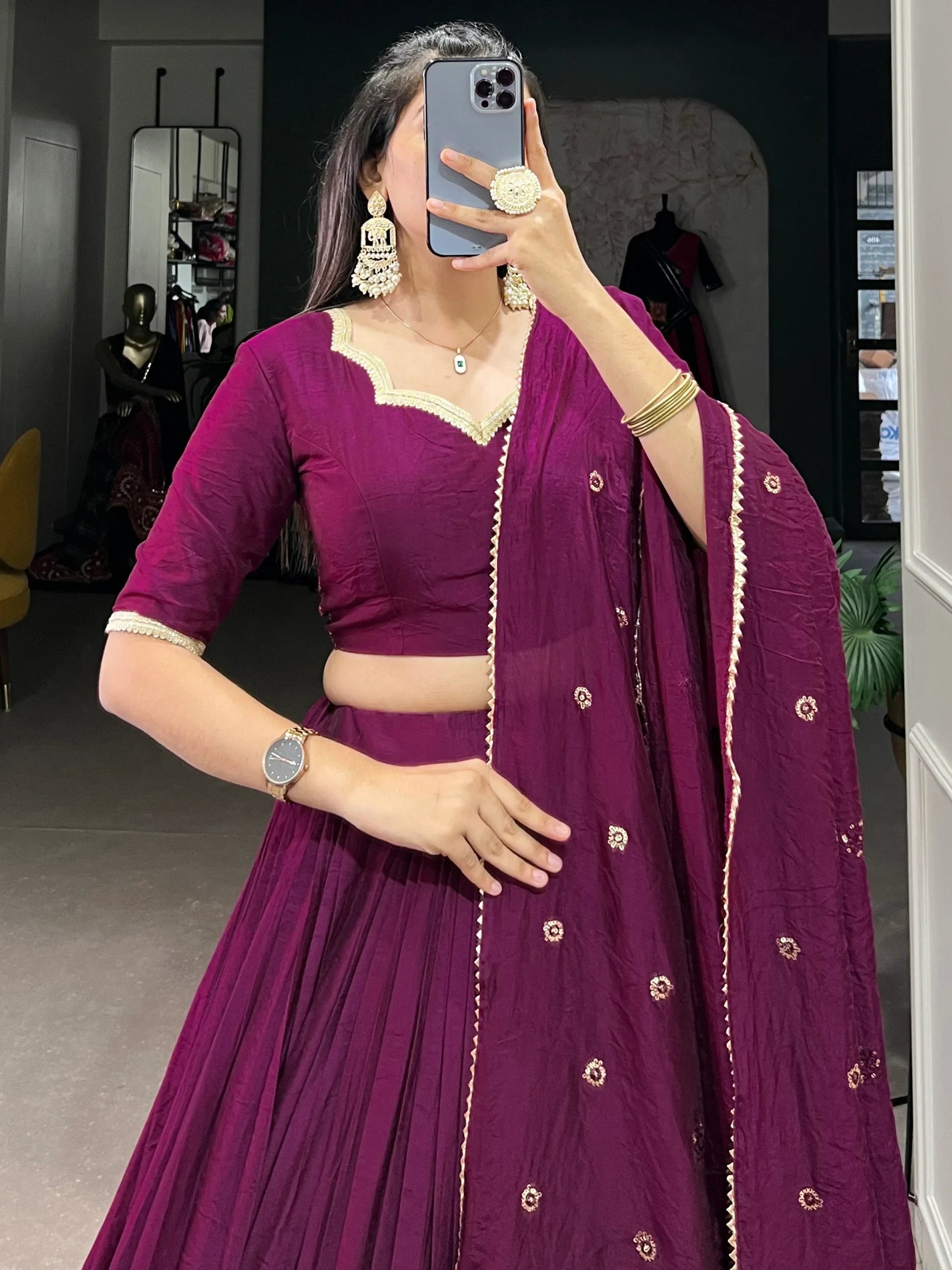 Glamorous Wine Zari Weaving Border Chanderi Silk Lehenga Choli
