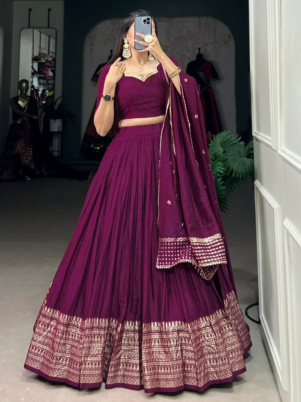 Glamorous Wine Zari Weaving Border Chanderi Silk Lehenga Choli
