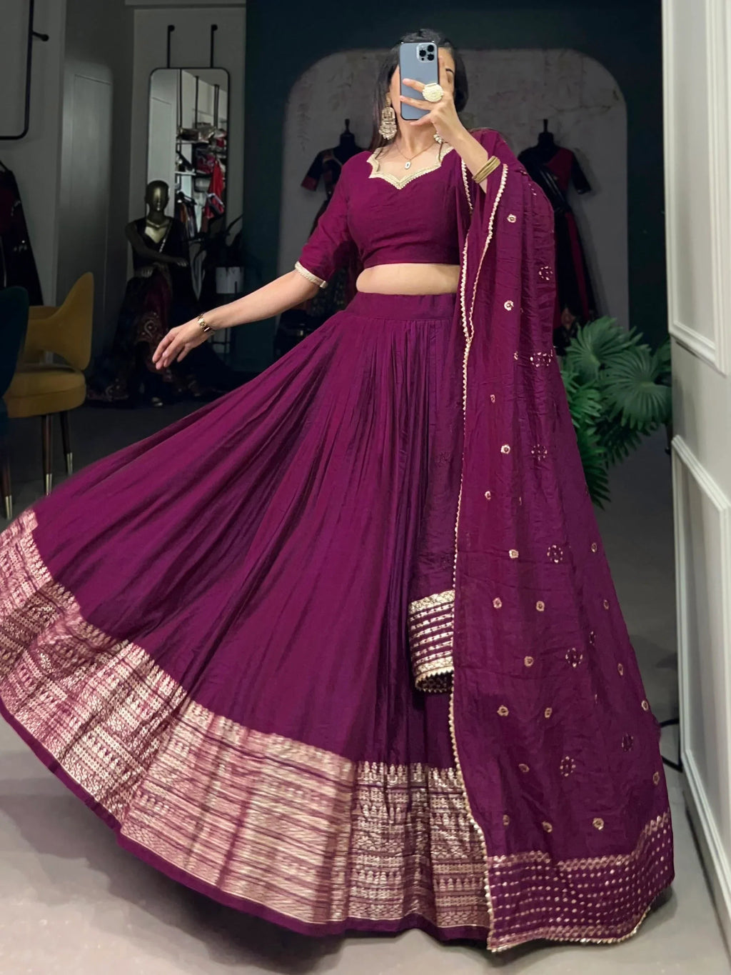 Glamorous Wine Zari Weaving Border Chanderi Silk Lehenga Choli