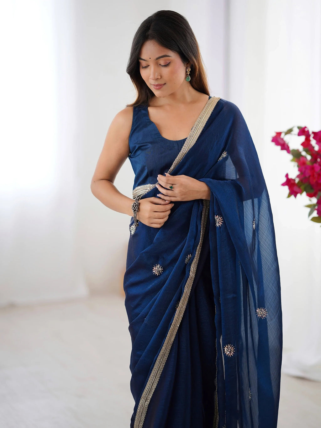 Blue Adorning Silk Sequins Ceremonial Wear Saree With Blouse