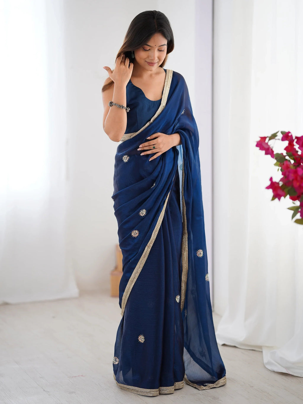 Blue Adorning Silk Sequins Ceremonial Wear Saree With Blouse