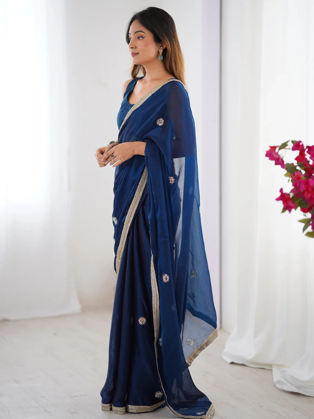 Blue Adorning Silk Sequins Ceremonial Wear Saree With Blouse
