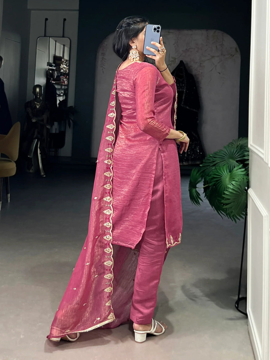 Gleaming Pink Organza Thread Embroidered Festival Wear Straight Suit