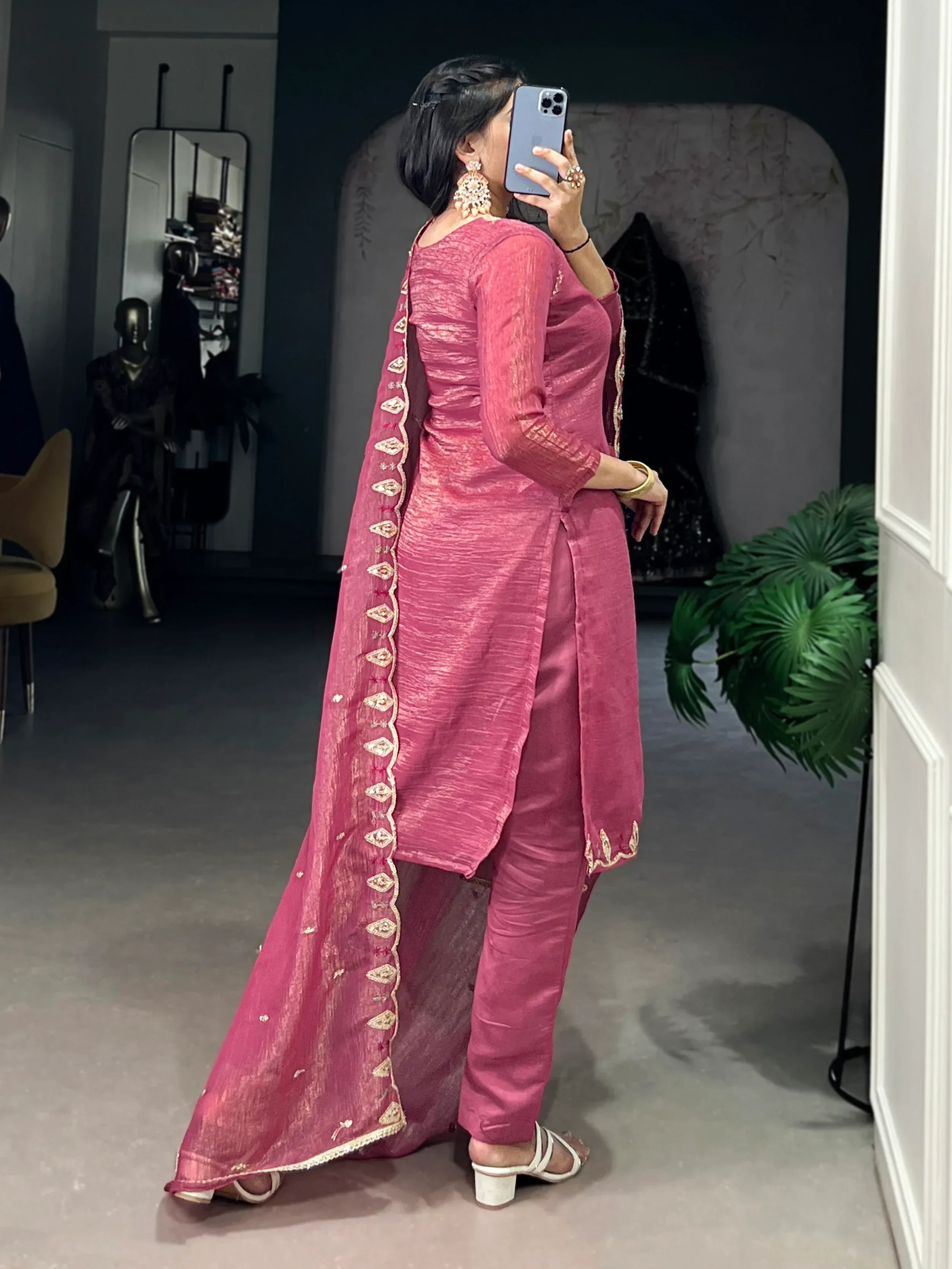 Gleaming Pink Organza Thread Embroidered Festival Wear Straight Suit