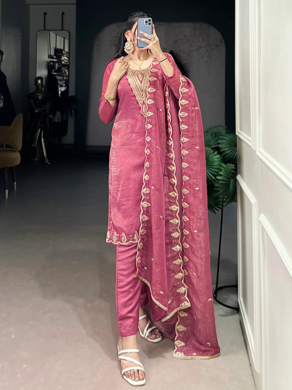 Gleaming Pink Organza Thread Embroidered Festival Wear Straight Suit