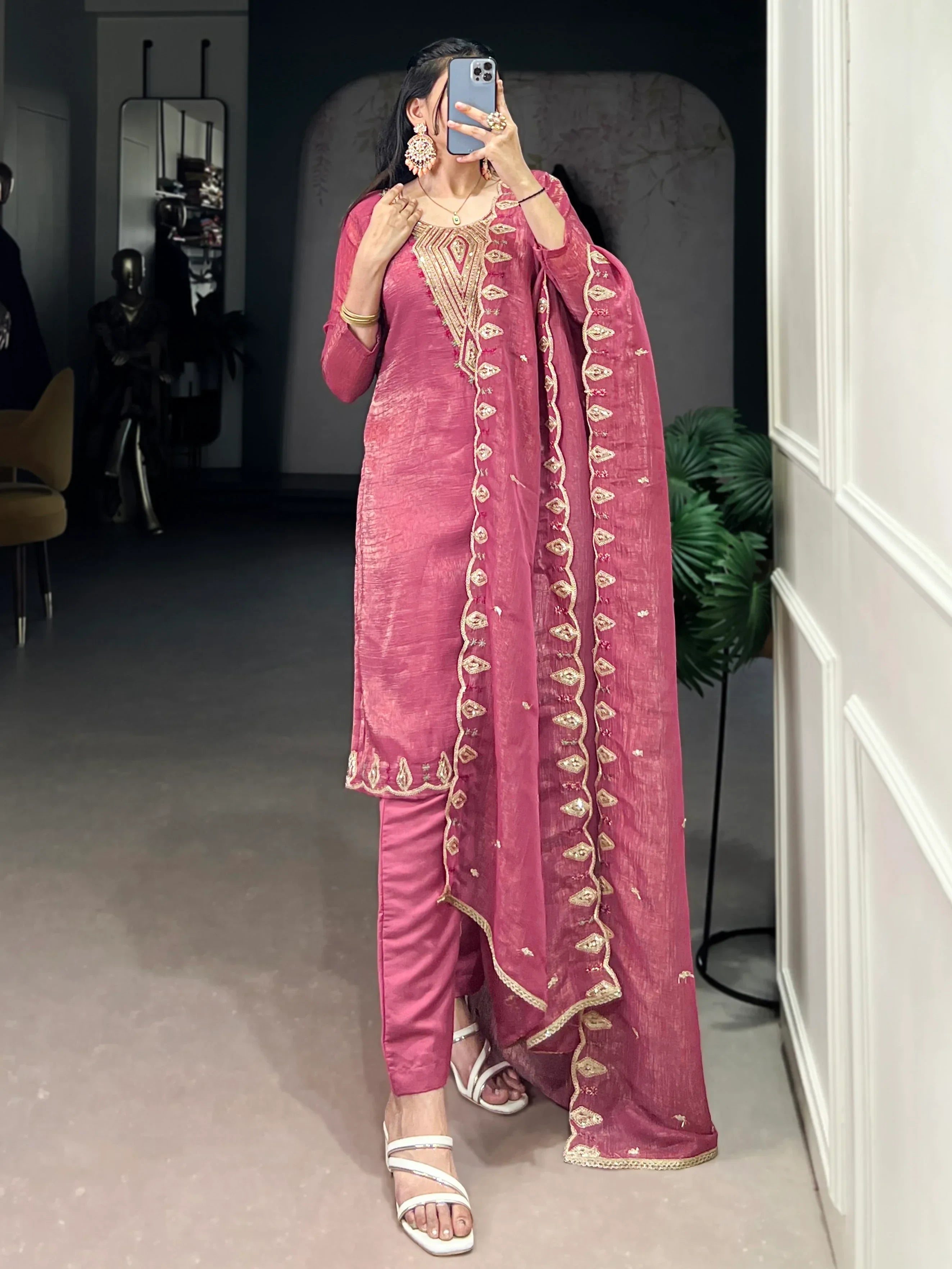 Gleaming Pink Organza Thread Embroidered Festival Wear Straight Suit