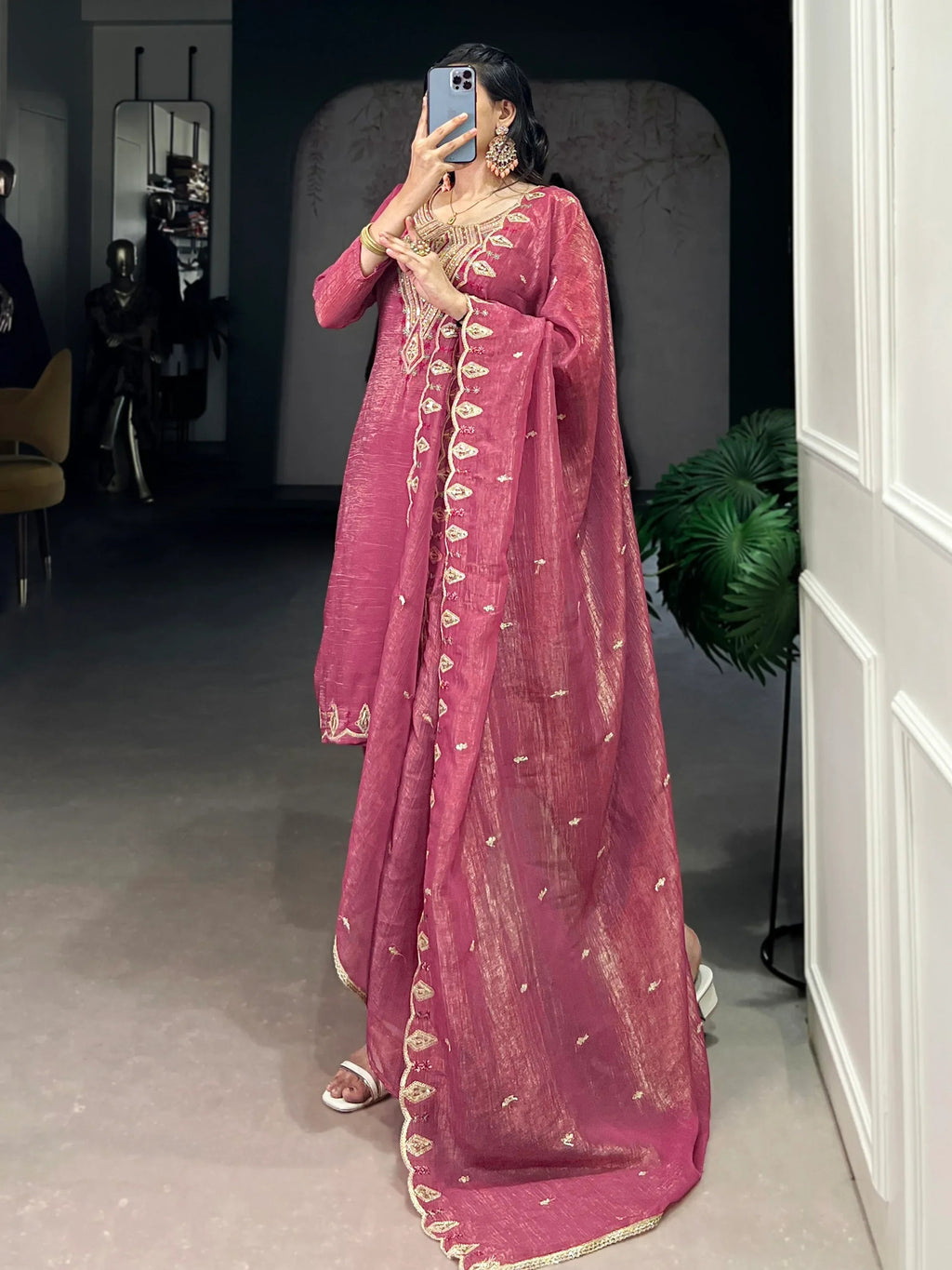 Gleaming Pink Organza Thread Embroidered Festival Wear Straight Suit