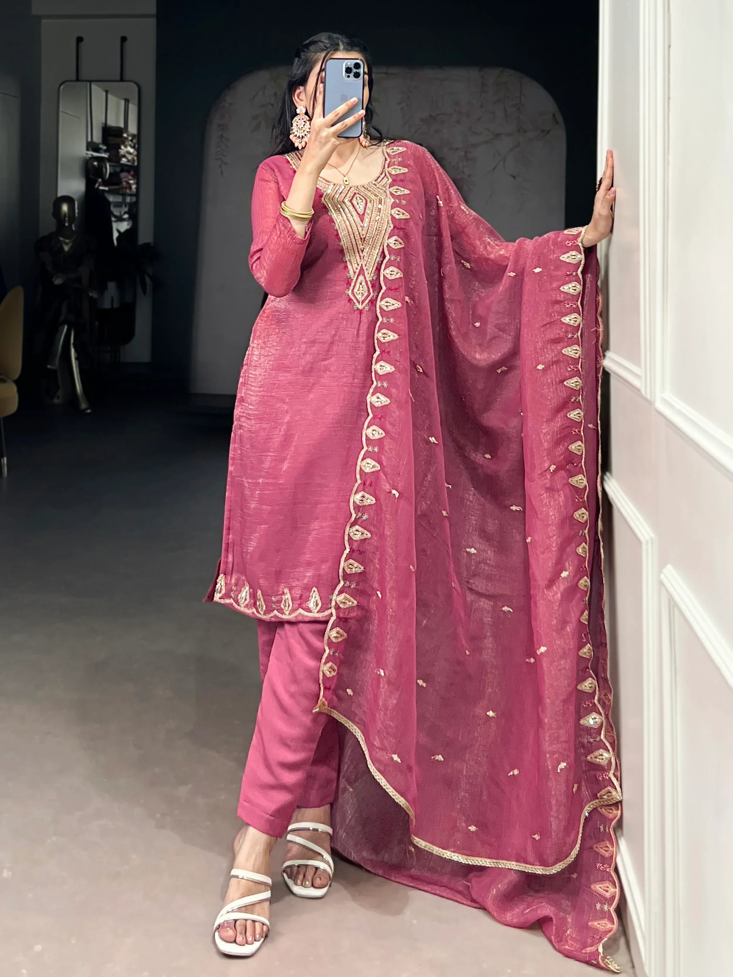 Gleaming Pink Organza Thread Embroidered Festival Wear Straight Suit