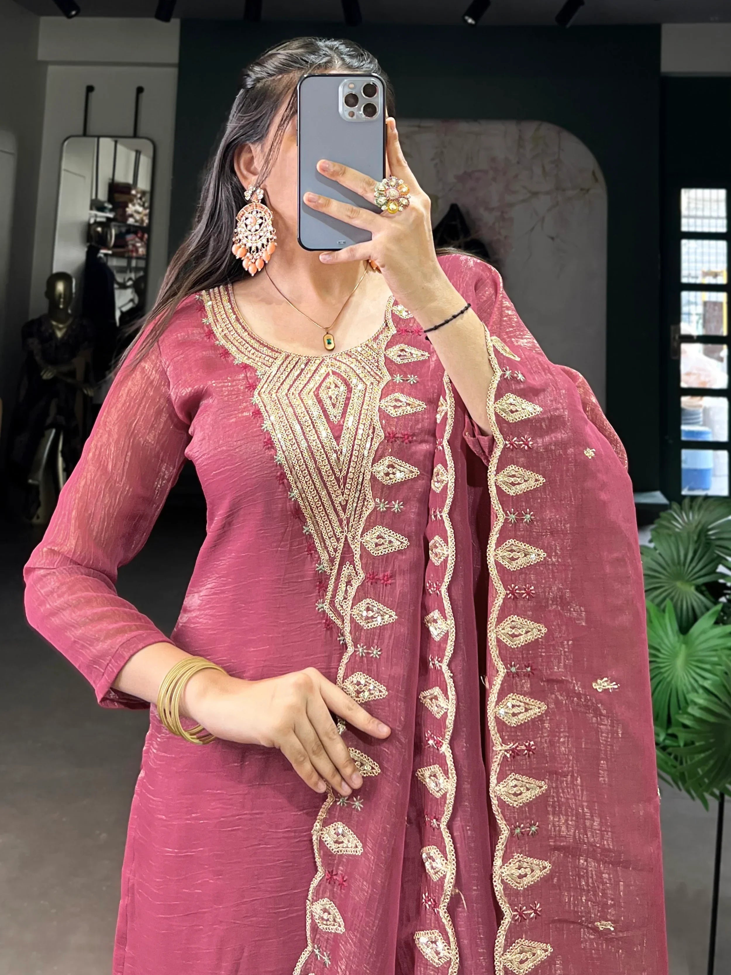 Gleaming Pink Organza Thread Embroidered Festival Wear Straight Suit