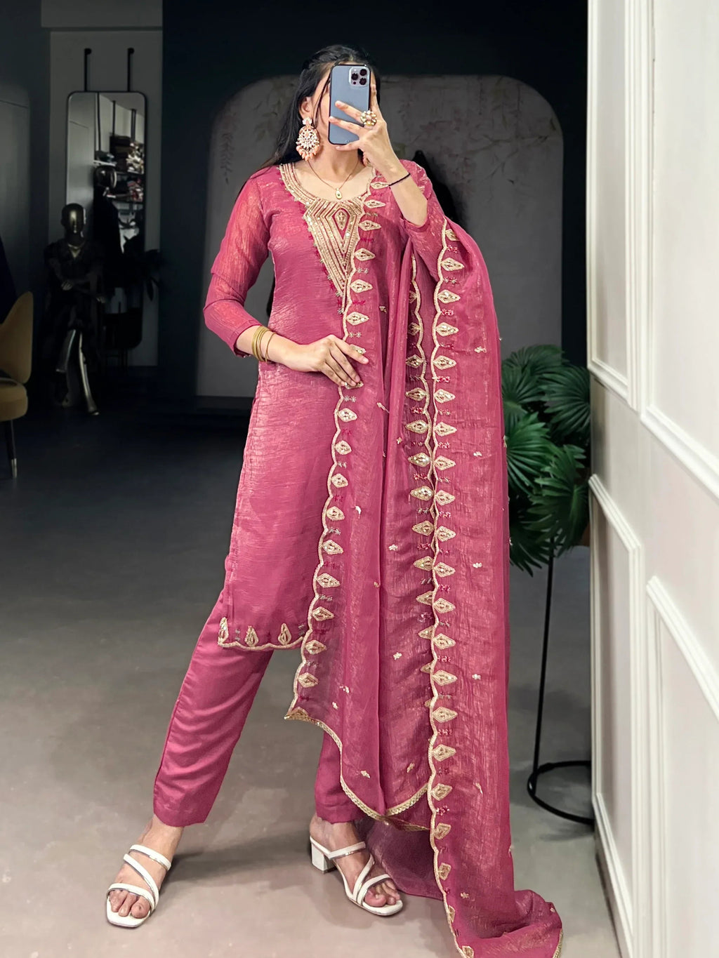 Gleaming Pink Organza Thread Embroidered Festival Wear Straight Suit
