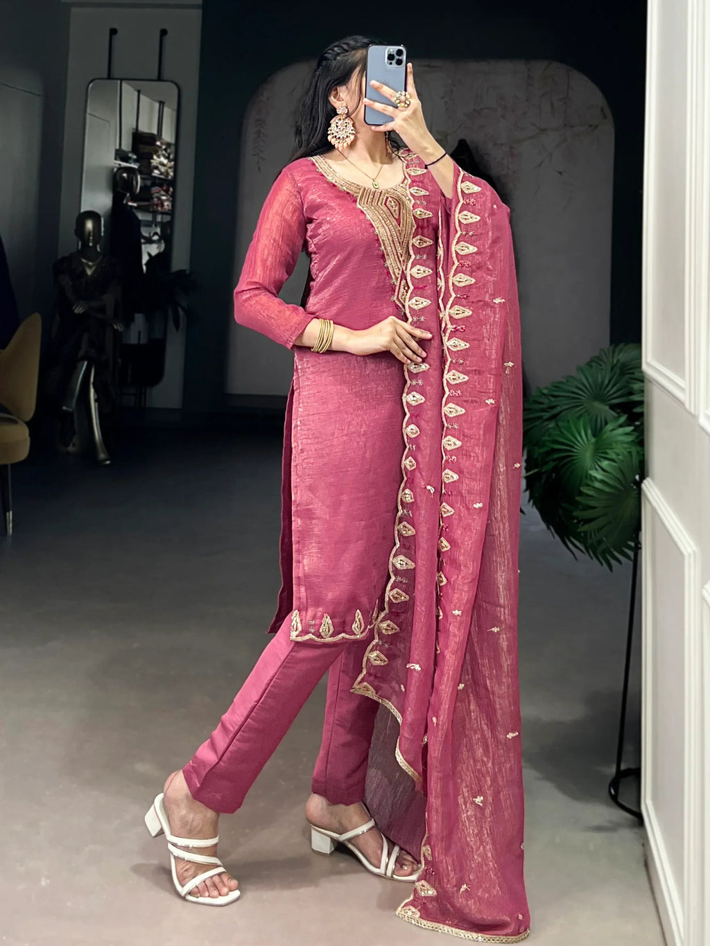 Gleaming Pink Organza Thread Embroidered Festival Wear Straight Suit