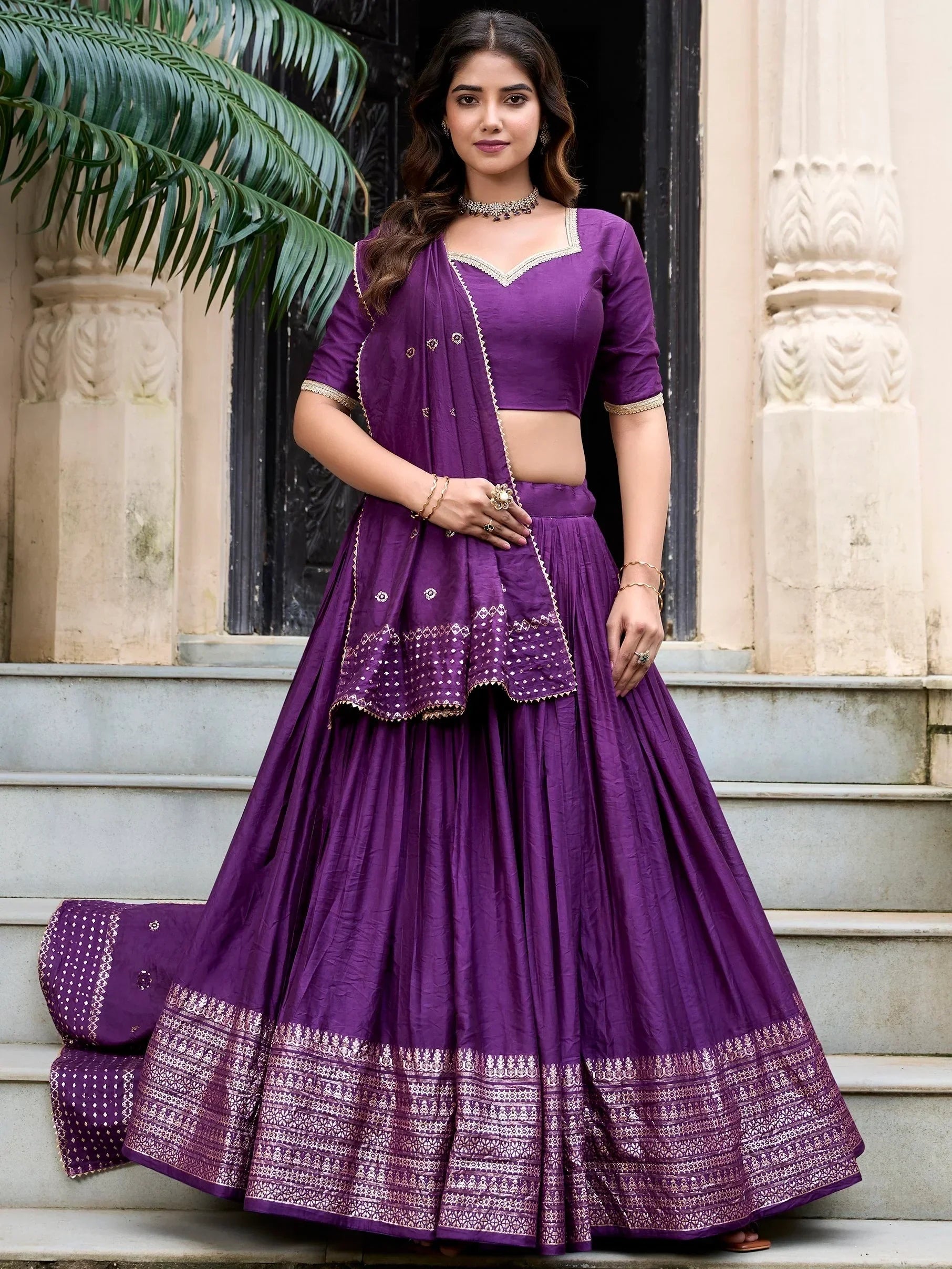 Purple Awesome Zari Weaving Chanderi Silk Festive Wear Lehenga Choli