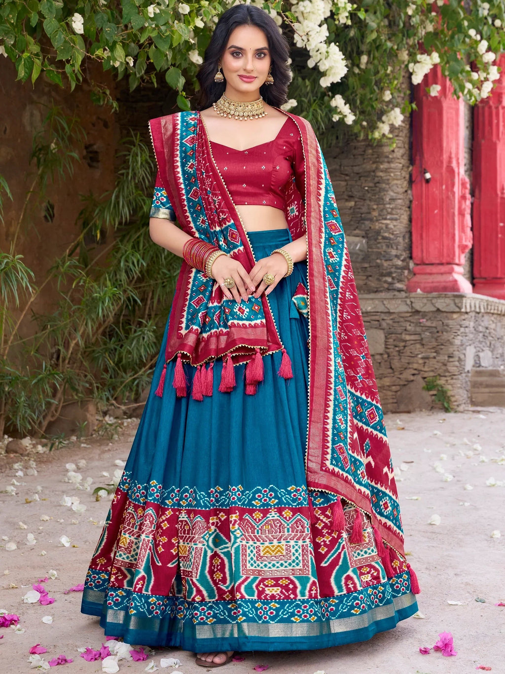 Glorious Teal Blue Patola Printed Tussar Silk Festive Wear Lehenga Choli
