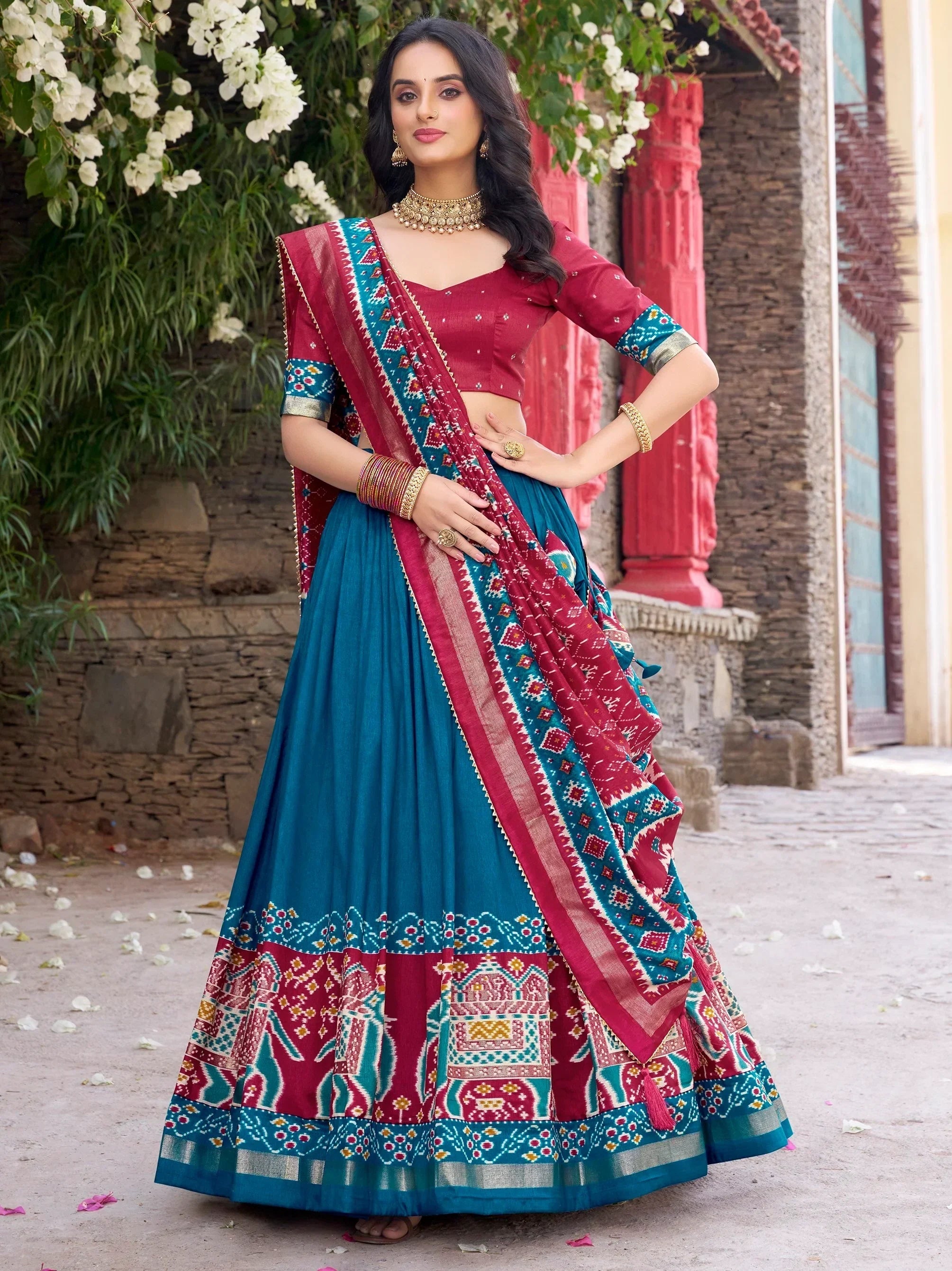 Glorious Teal Blue Patola Printed Tussar Silk Festive Wear Lehenga Choli