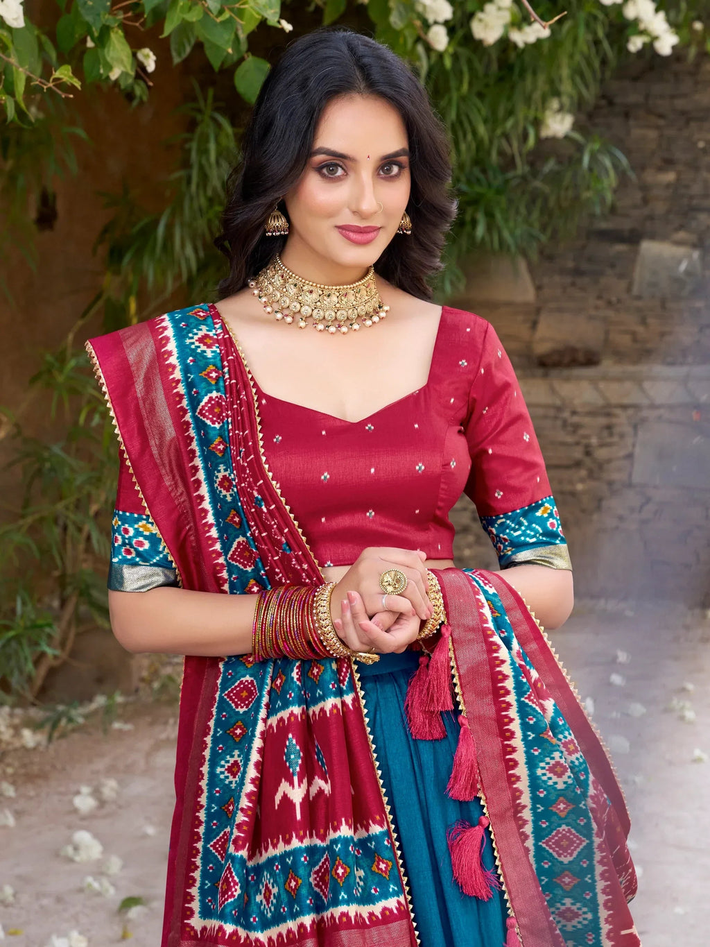 Glorious Teal Blue Patola Printed Tussar Silk Festive Wear Lehenga Choli
