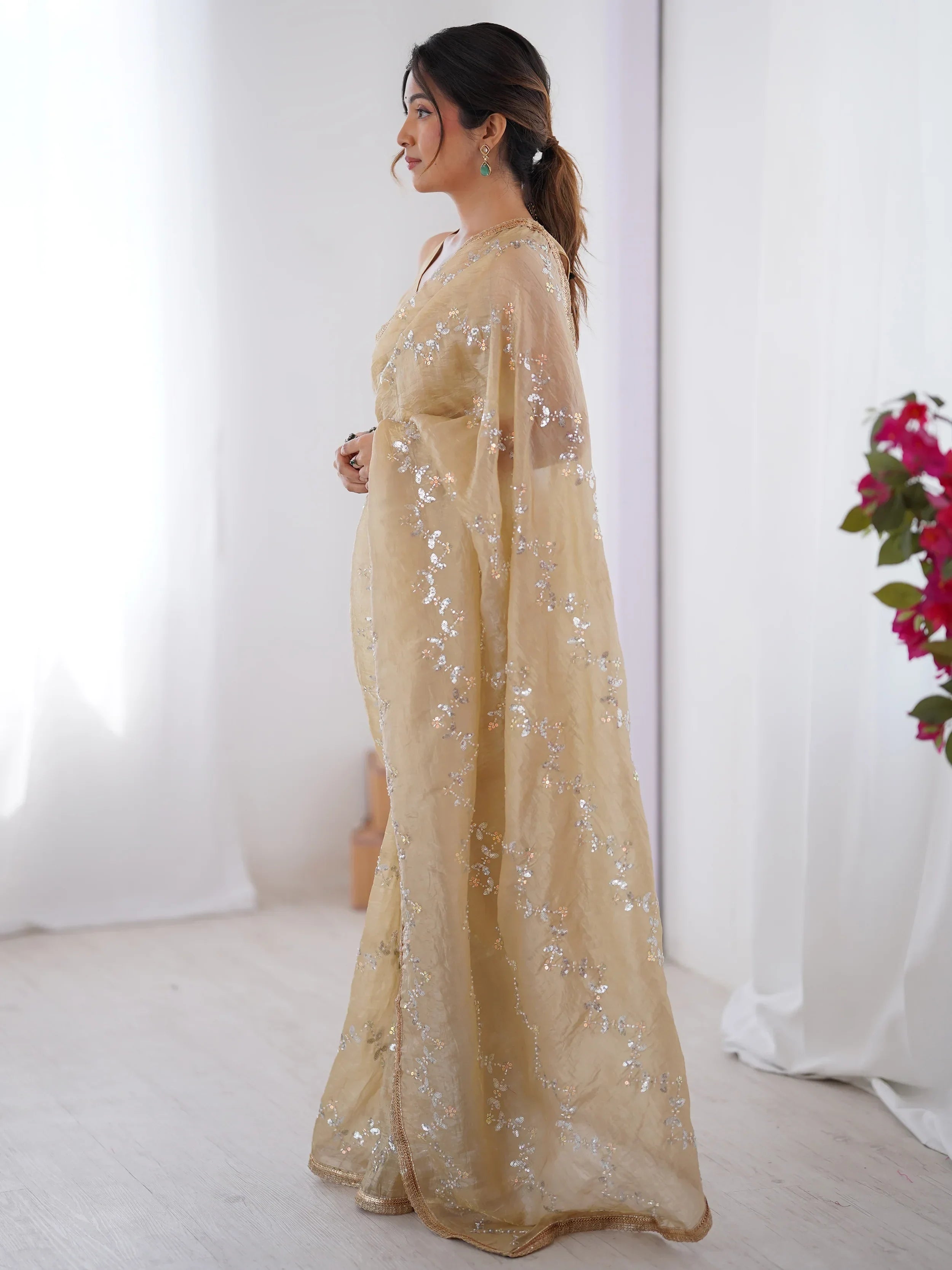 Beige Gorgeous Organza Beads Work Saree With Blouse