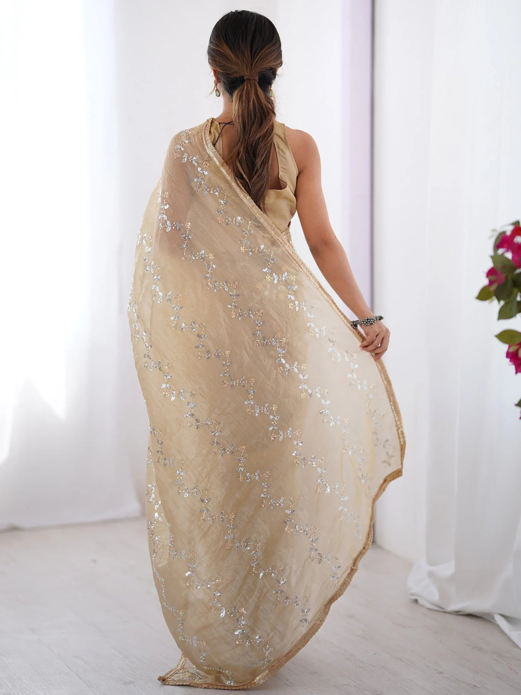 Beige Gorgeous Organza Beads Work Saree With Blouse