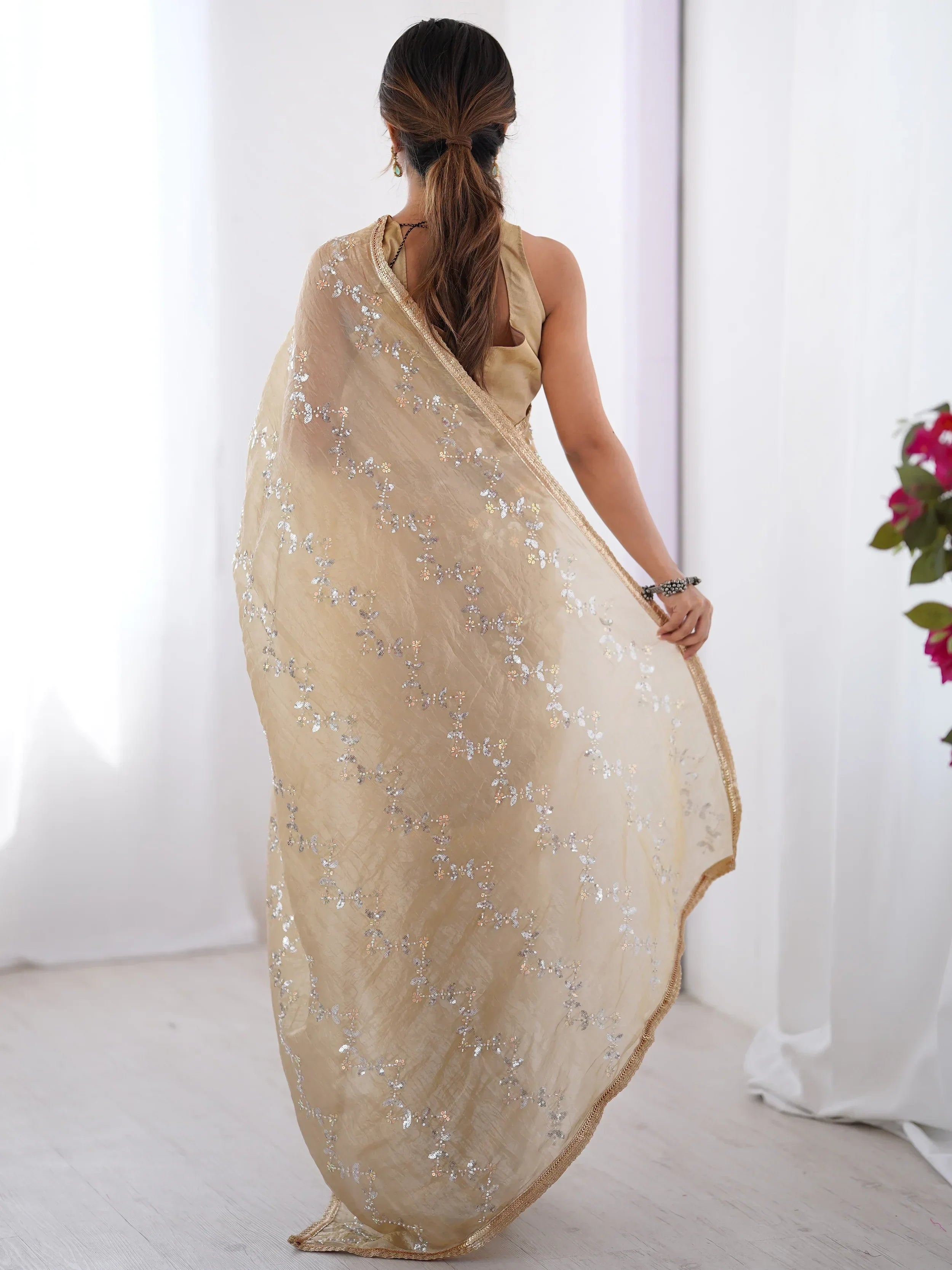 Beige Gorgeous Organza Beads Work Saree With Blouse