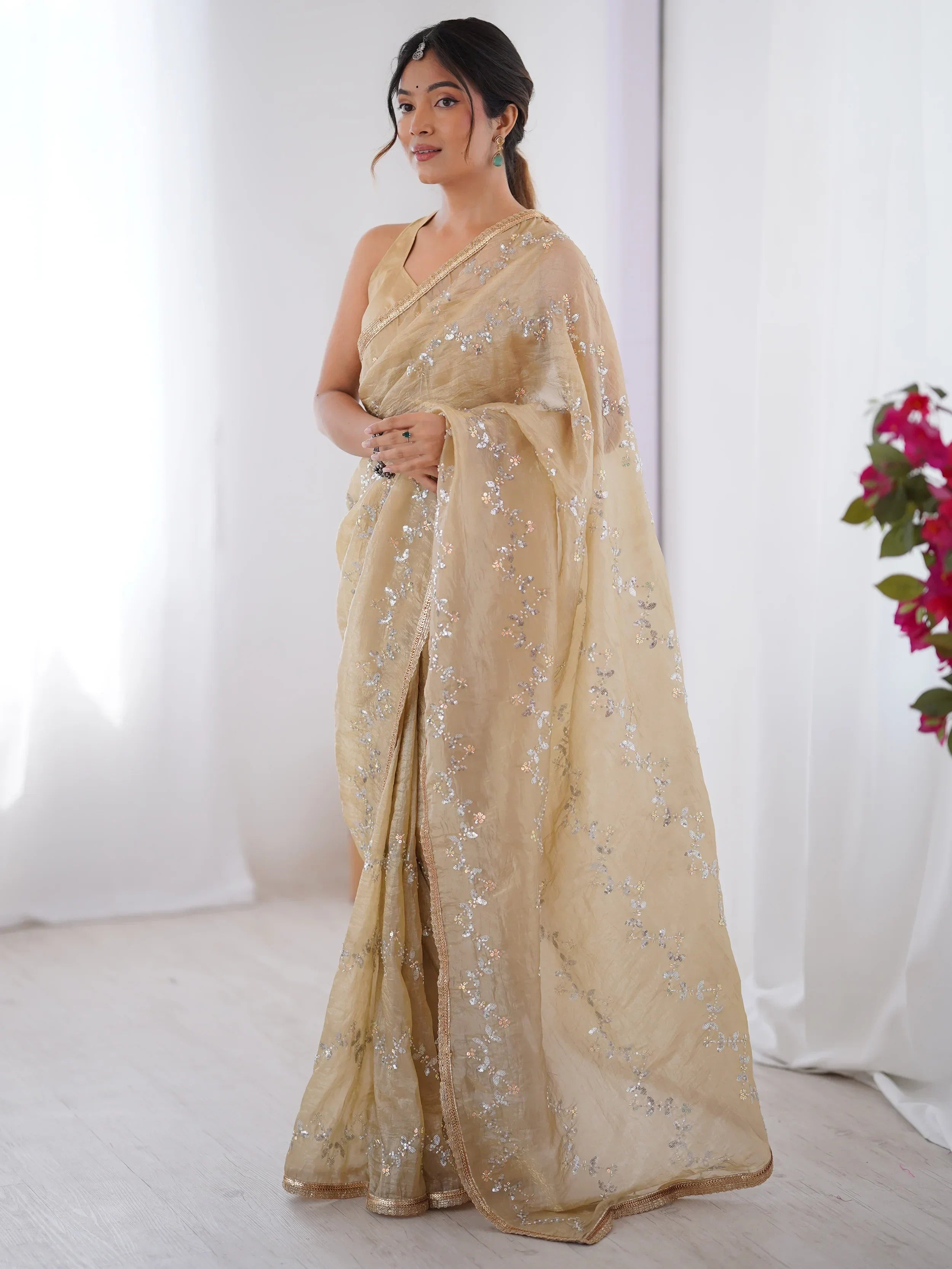 Beige Gorgeous Organza Beads Work Saree With Blouse