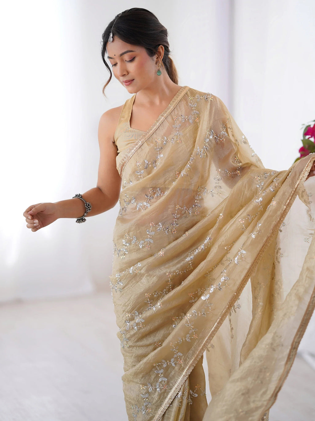 Beige Gorgeous Organza Beads Work Saree With Blouse