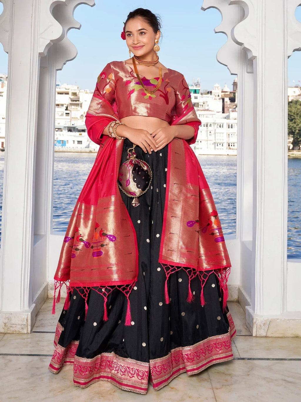 Black Gorgeous Zari Weaving Silk Paithani Lehenga Choli With Dupatta