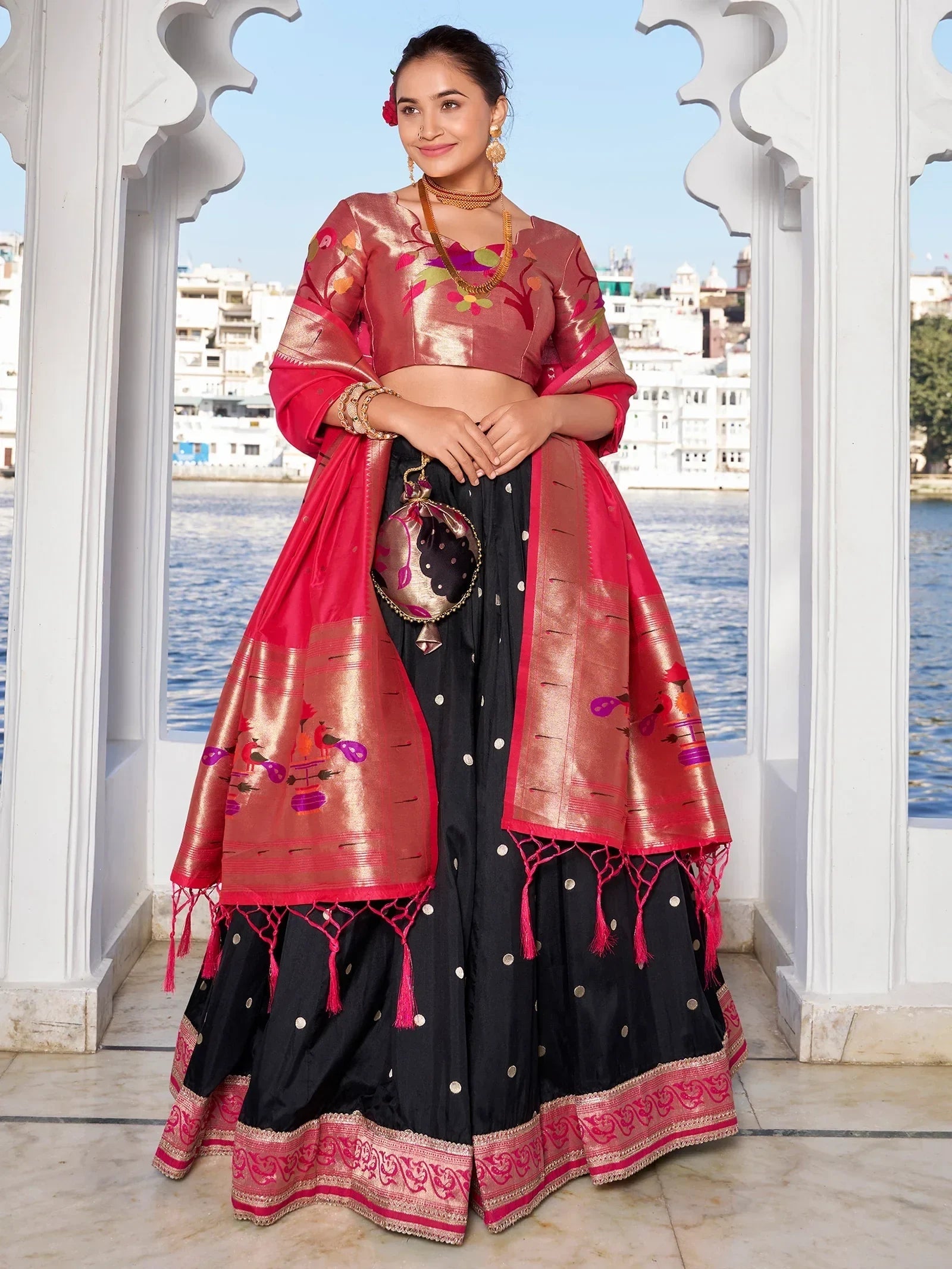 Black Gorgeous Zari Weaving Silk Paithani Lehenga Choli With Dupatta