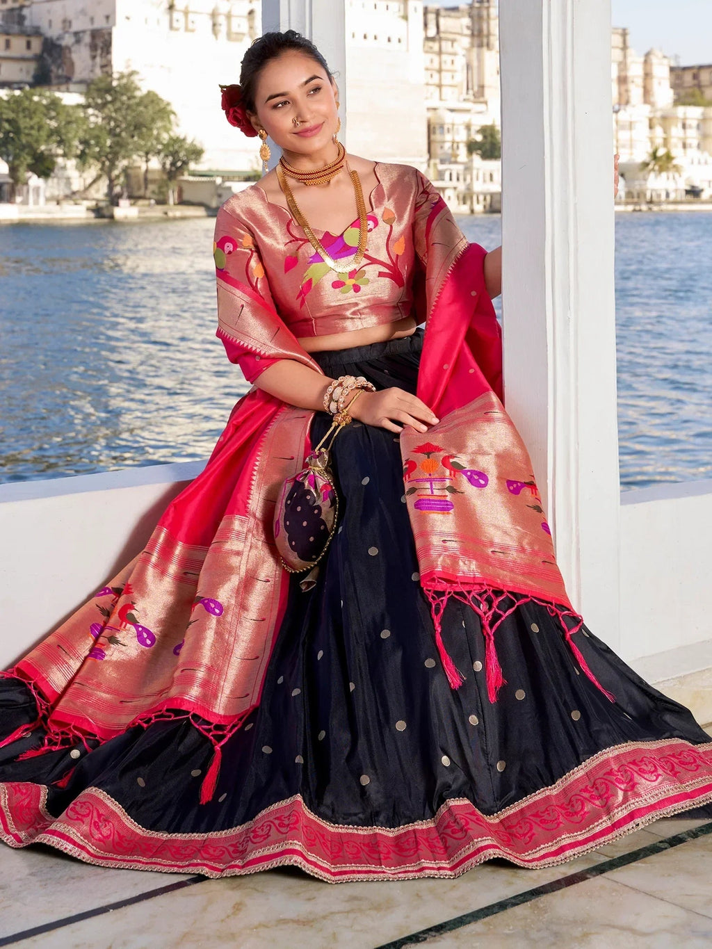Black Gorgeous Zari Weaving Silk Paithani Lehenga Choli With Dupatta