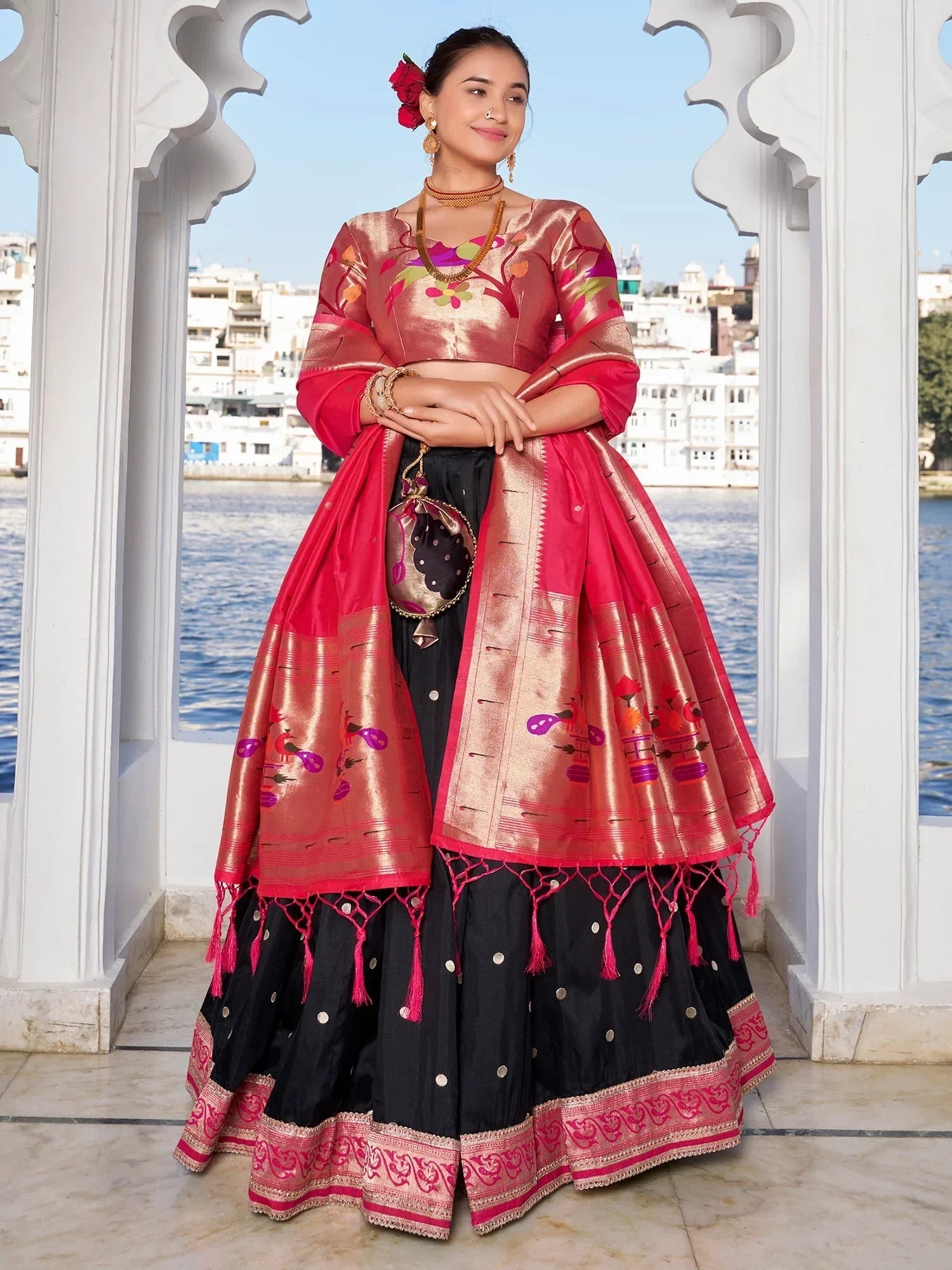 Black Gorgeous Zari Weaving Silk Paithani Lehenga Choli With Dupatta