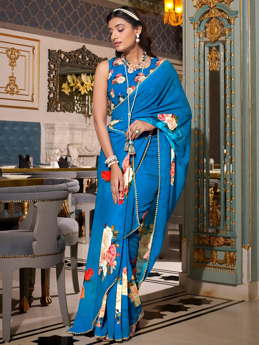 Gorgeous Artistic Georgette Floral Printed Saree With Blouse