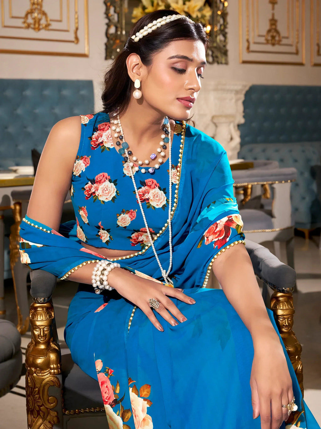 Gorgeous Artistic Georgette Floral Printed Saree With Blouse
