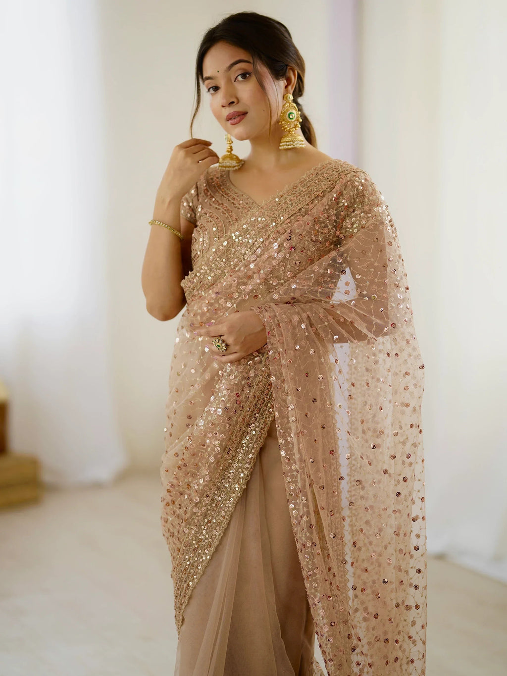 Gorgeous Gold Net Sequins Party Wear Saree With Blouse