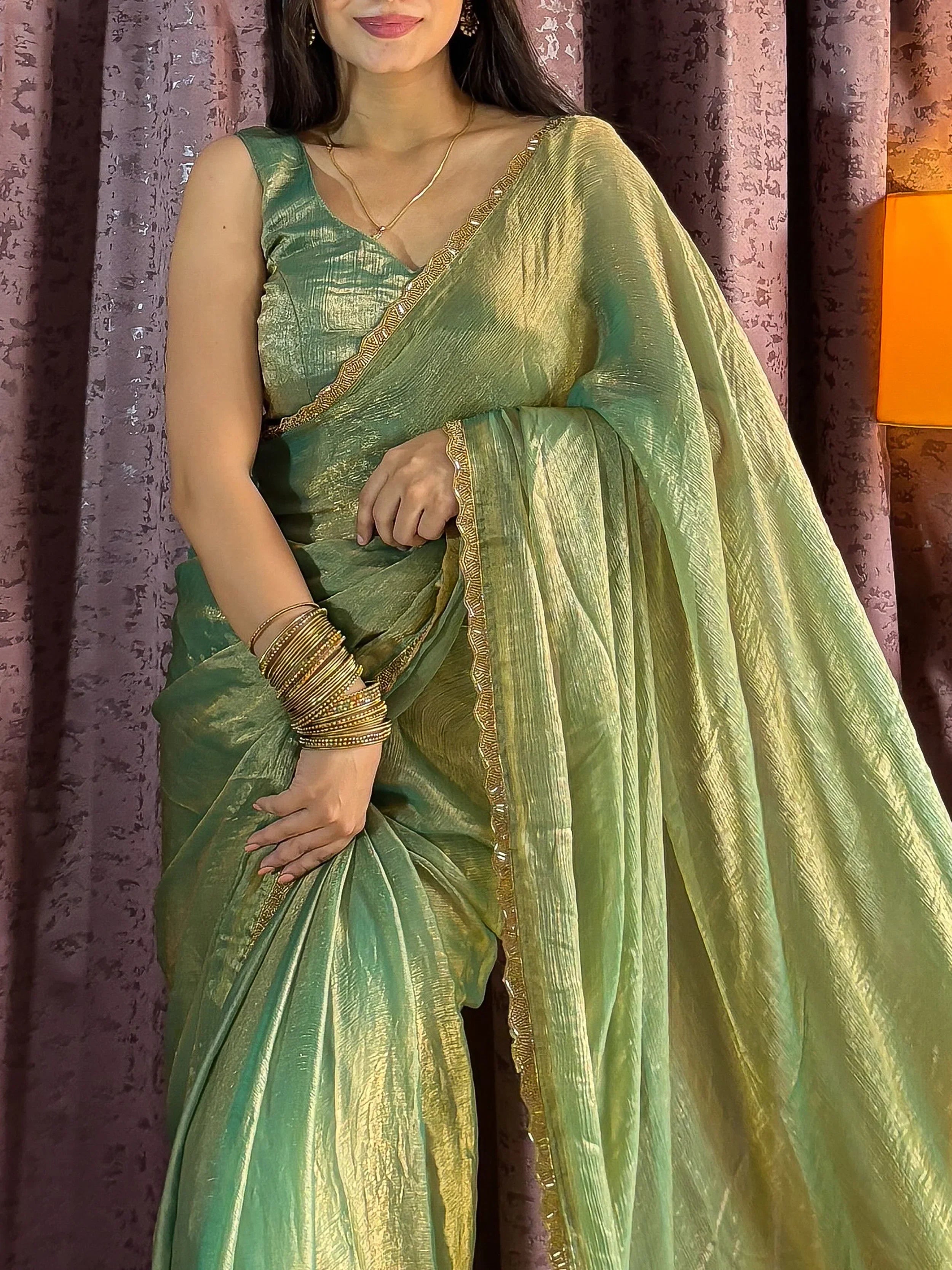 Gorgeous Green Soft Silk Beads Work Mehendi Wear Saree