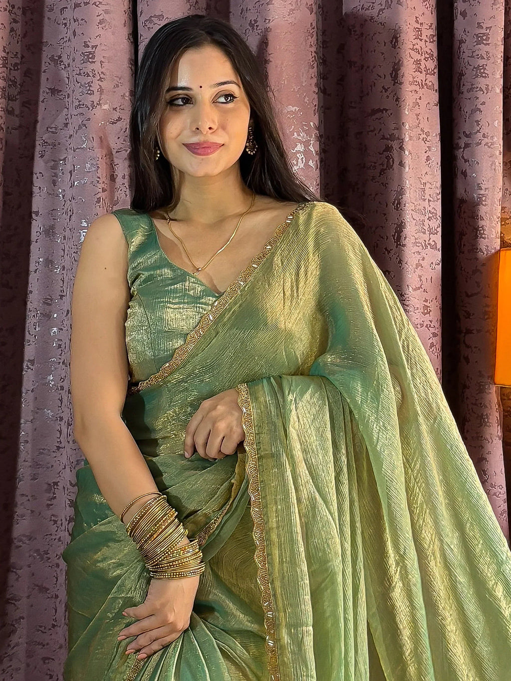 Gorgeous Green Soft Silk Beads Work Mehendi Wear Saree