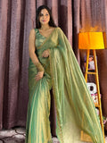 Gorgeous Green Soft Silk Beads Work Mehendi Wear Saree