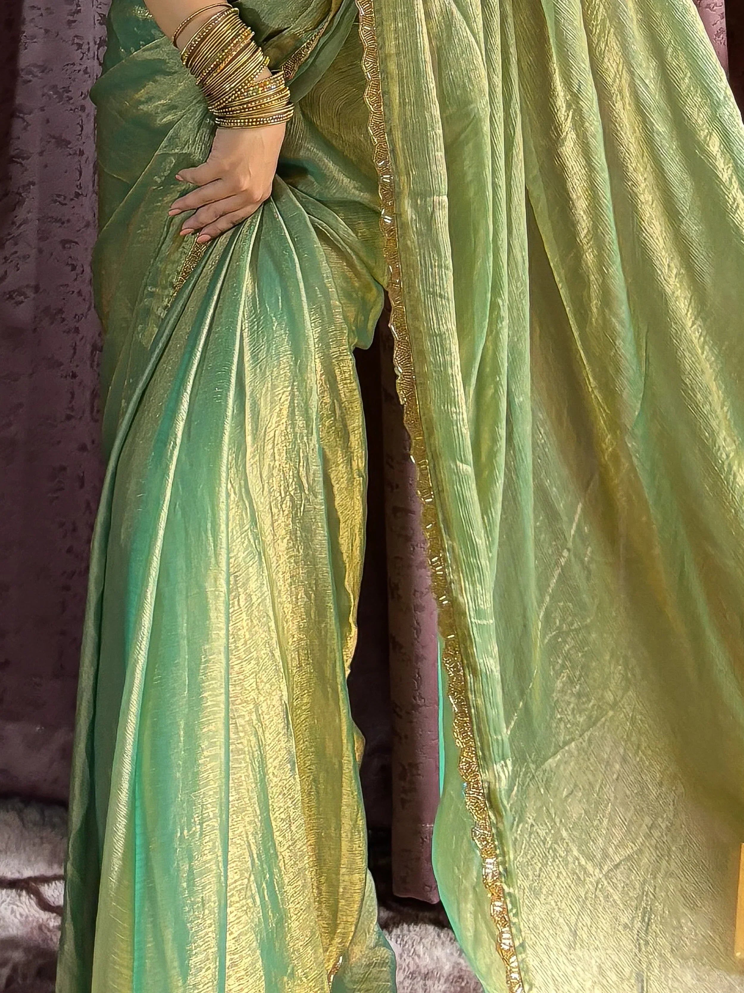 Gorgeous Green Soft Silk Beads Work Mehendi Wear Saree